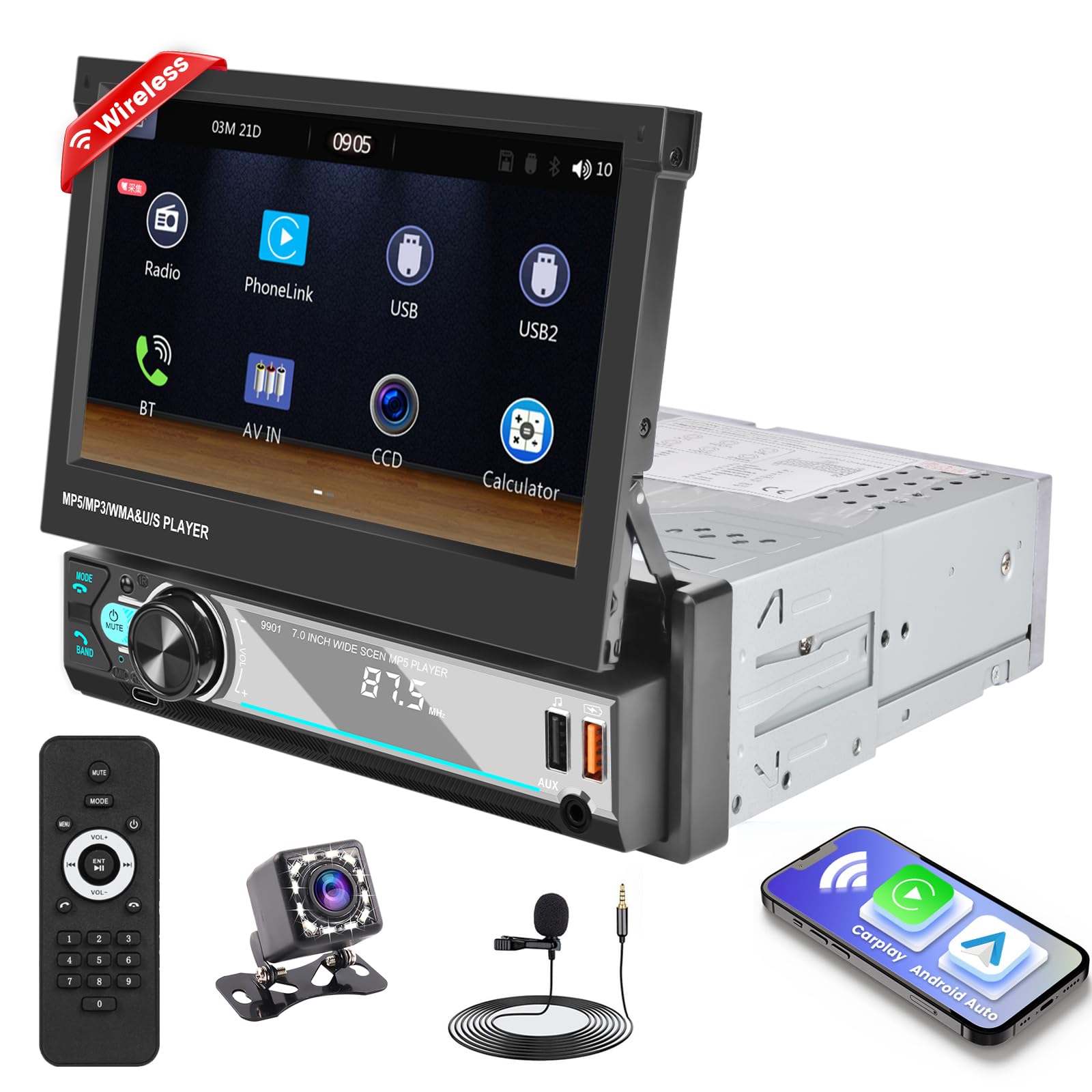 Hikity 1 Din Autoradio Wireless Carplay Andriod Auto 7 Zoll Manuelle Ausfahrbarem Bildchirm Auto Radio Touch Display Bluetooth Android Auto Mirror Link FM Radio USB SWC AUX Type-C Mic Rückfahrkamera
