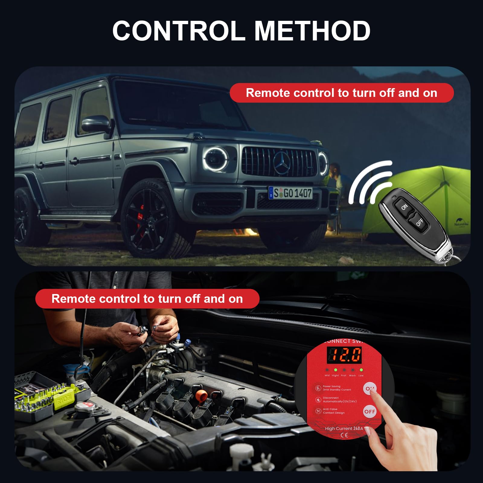 Disjoncteur de Batterie Télécommandé Sans Fil, Coupe Circuit Batterie 12V, 240 A Interrupteur D'arrêt Automatique avec Affichage LED pour Voiture Camping Car ATV Camion Bateau