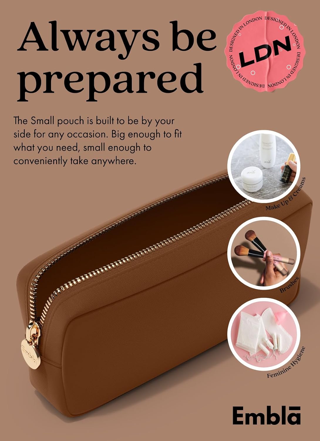 Embla Makeup Bag Travel Cosmetics Pouch and Toiletry Bag, Nylon Zipper Pouch Purse, Cute Make Up Organizer Storage Tote for Women Girls, Waterproof Travel Skincare Case, Small Makeup Bags, Chocolate image 4