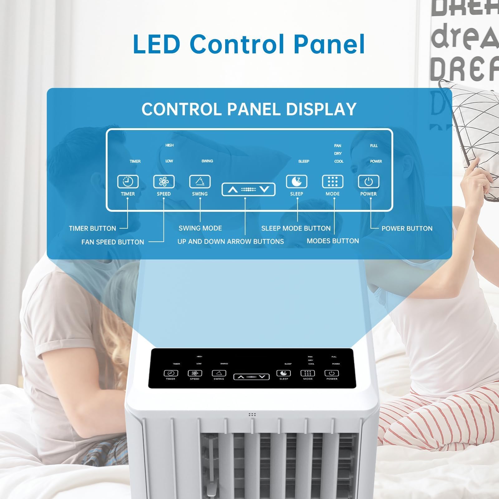 Aire Acondicionado Portátil 9000 BTU 3 en 1 – Enfriamiento Rápido, Deshumidificador, Ventilador – 2 Velocidades, Temporizador 24H, modo Sueño, Mando, Bajo Consumo, R290, Ruedas, hasta 32m²