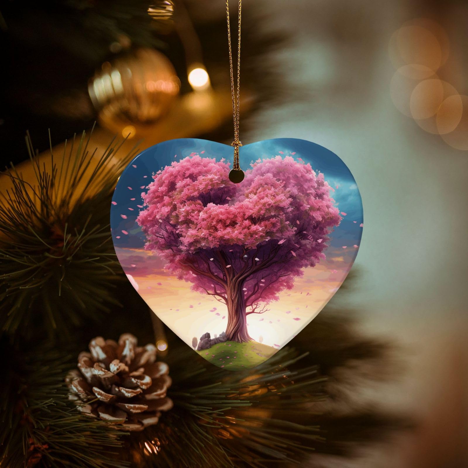 Christmas Tree Ornaments Ceramics Christmas Decorations Colorful Heart Tree Ornaments with Gold Ribbon Porcelain Xmas Tree Crafts Heart Shape Hanging Pendant for Christmas Tree Party Decor