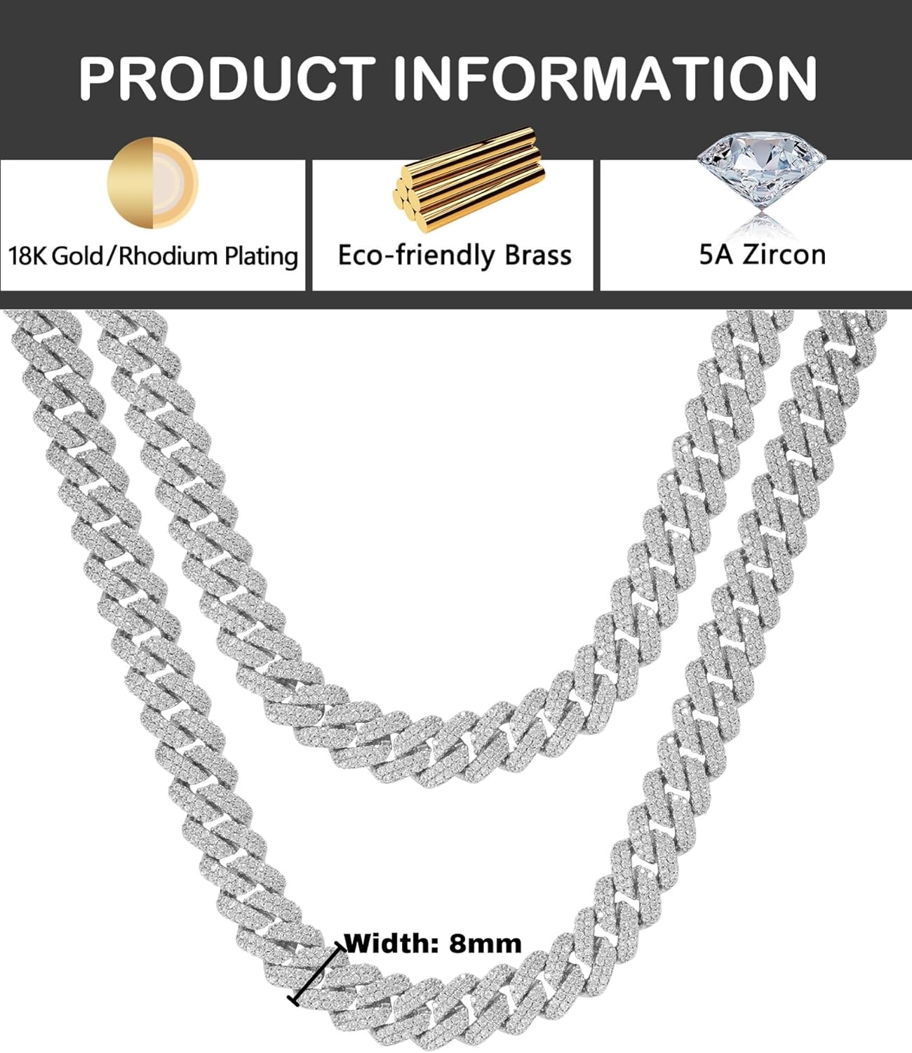 LuxeFlex Prong Cuban Link Chain for Men and Women, 14K Gold/White Gold Plated, 5A Zircon Iced Out Cuban Link Necklace, Diamond CZ Rapper Miami Hip Hop Jewelry - Image 4