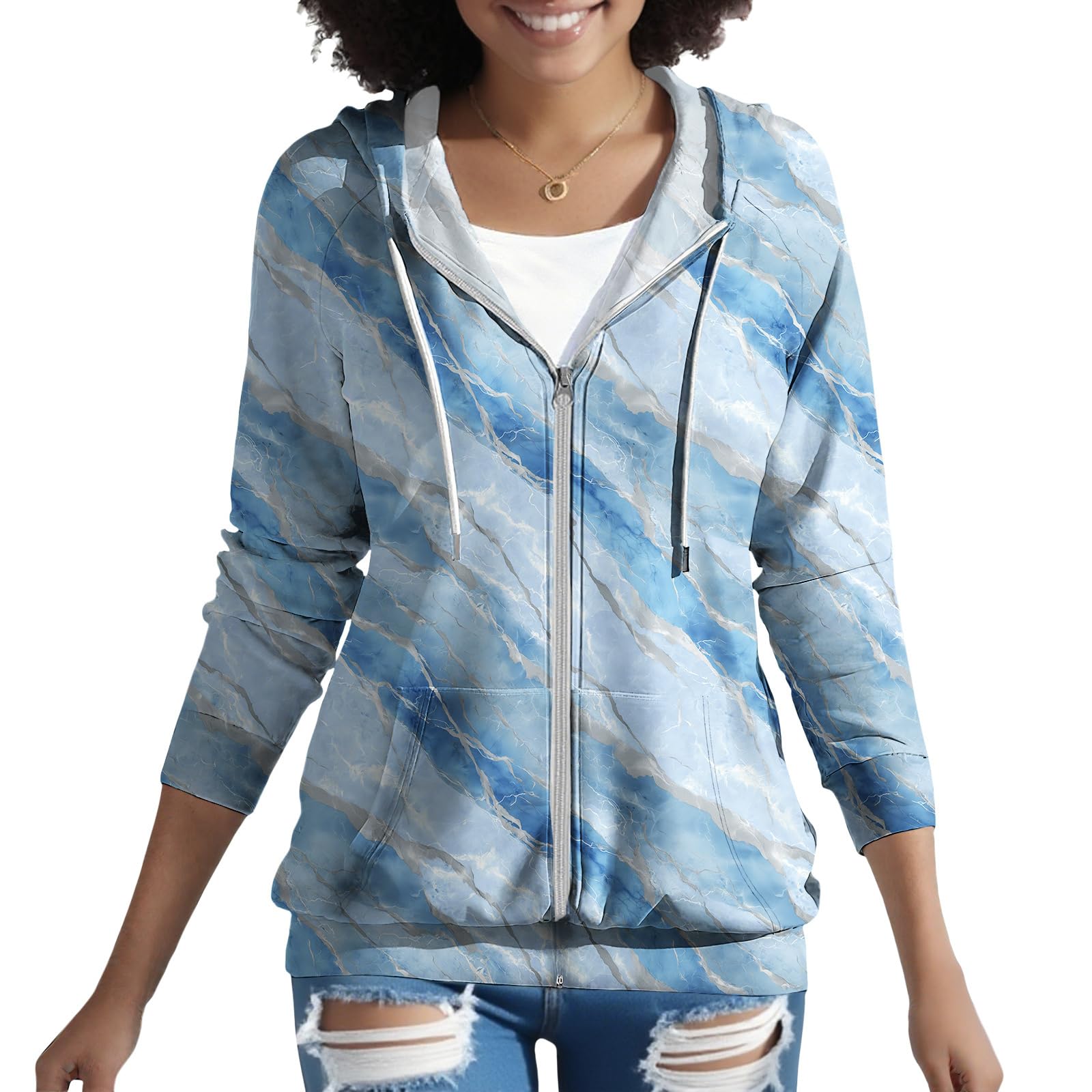 Stripes Graphic Hoodie for Women Fashion Full Zip Drawstring Hooded Sweatshirt Casual Long Sleeve Jacket Loose