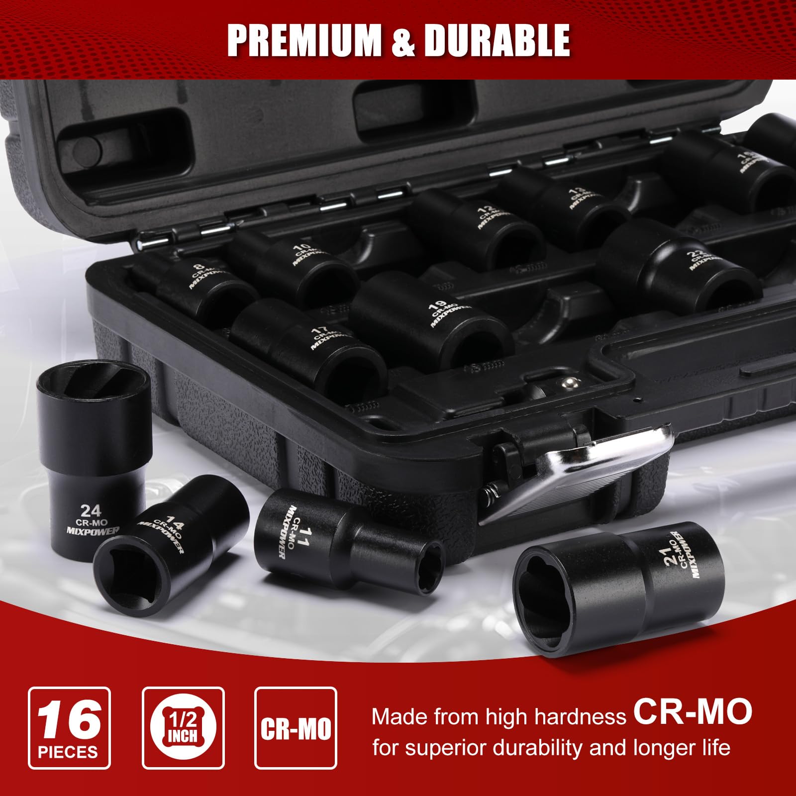 MIXPOWER 16 pezzi 1/2 pollici Drive Impact Bolt and Nut Extractor Socket Set, Stripped Lug Nut Remover Include Hex Shank Adapter & Pin Bar, per Removing Damaged Rusted Broken Rounded Fasteners Off