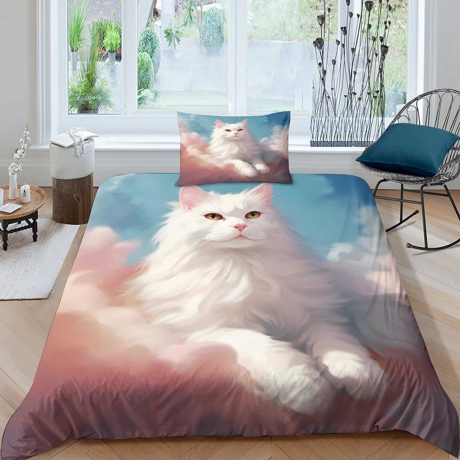 Parure de lit 3D imprimé chat blanc housse de couette 135x200cm fille