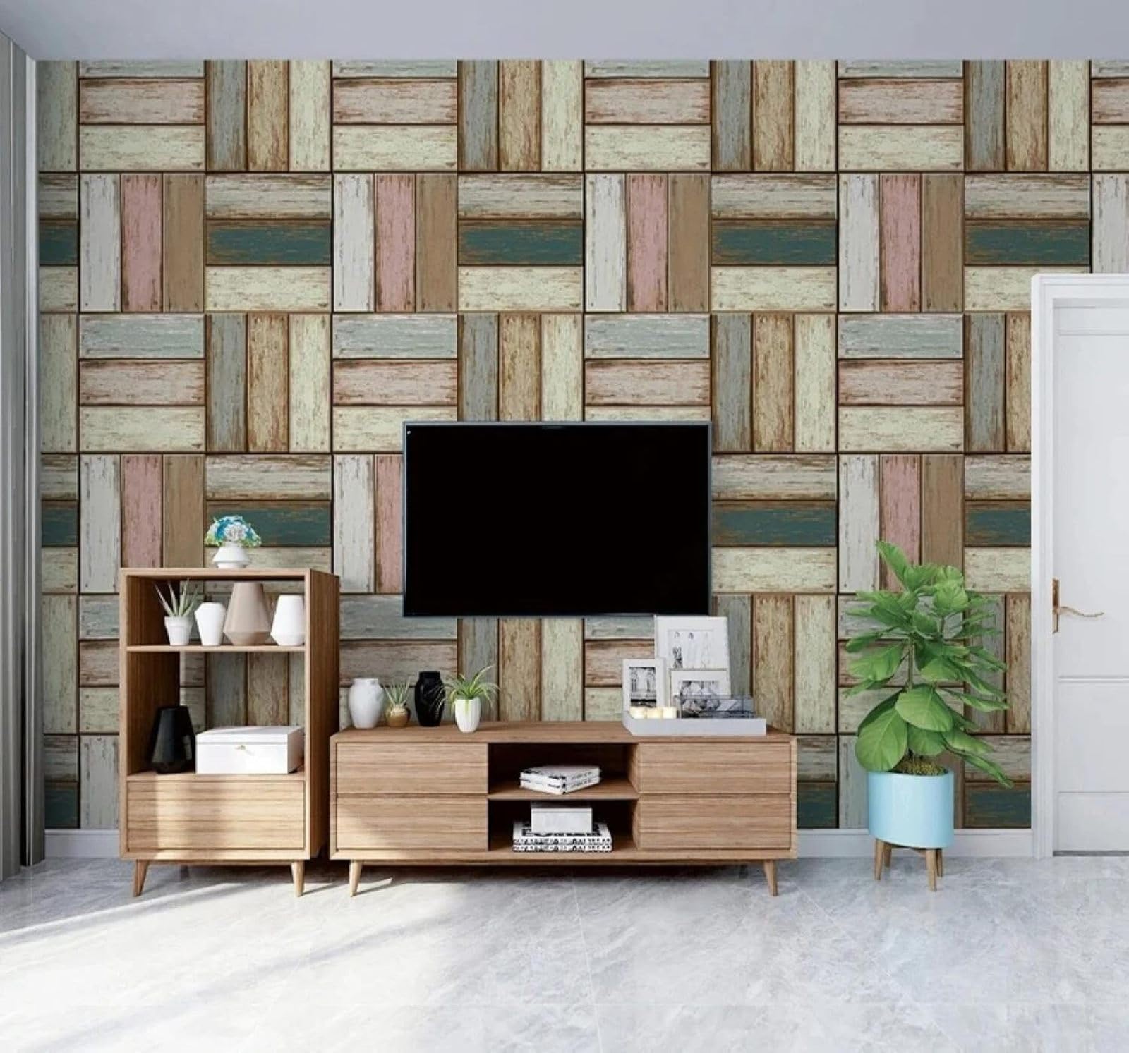 Xlming 430Cm×300Cm(B×H) Vintage Nostalgic Colourful Wooden Panels Art 3D Wallpaper Luxury Silk Study Dining Feature Sofa Grey Bedroom Living Room Tv Decorative Wall-430Cm×300Cm