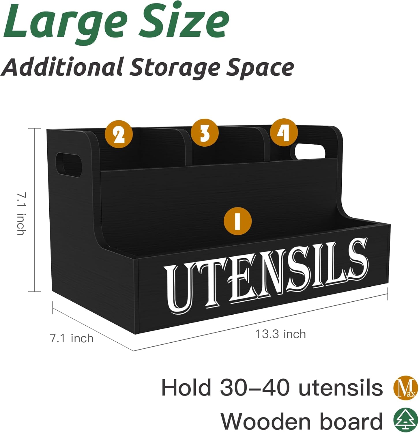 Suli Kitchen Utensils Holder, Wooden Utensil Organizer for Kitchen Countertop, Farmhouse Utensil Storage, Rustic Cooking Utensils ,4 Compartments,- Black