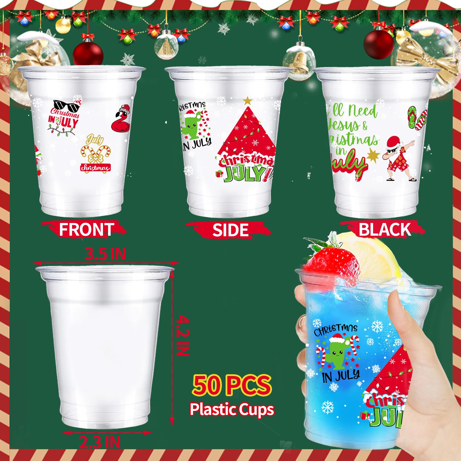 VDESFUEBY 50 Christmas in July Party Cups, 12 oz Christmas in July Party Decorations Disposable Clear Plastic Party Cups for Christmas in July Party Drinkware Beverage Ice Cream