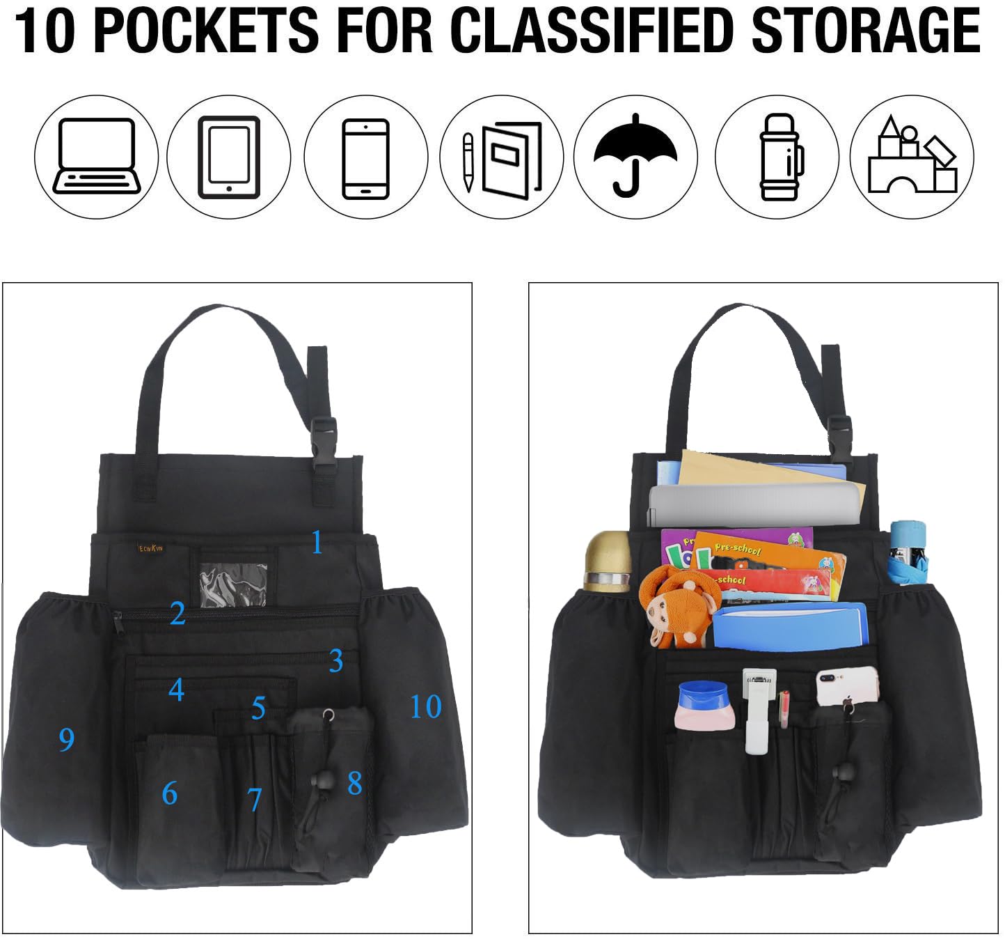 ECWKVN Auto-Vordersitz-Organizer – Autositz-Organizer, strapazierfähig, Auto-Beifahrersitz-Organizer, Getränkehalter, schwarz