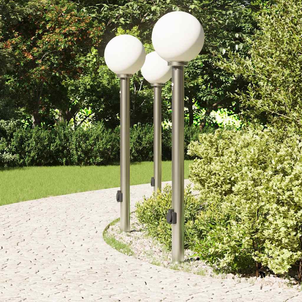 Lampadari a colonna in acciaio inox, 120 cm, con sensore di movimento PIR e presa integrata, set da 3 pezzi, IP44, resistenti alle intemperie, per giardino, terrazza e illuminazione esterna