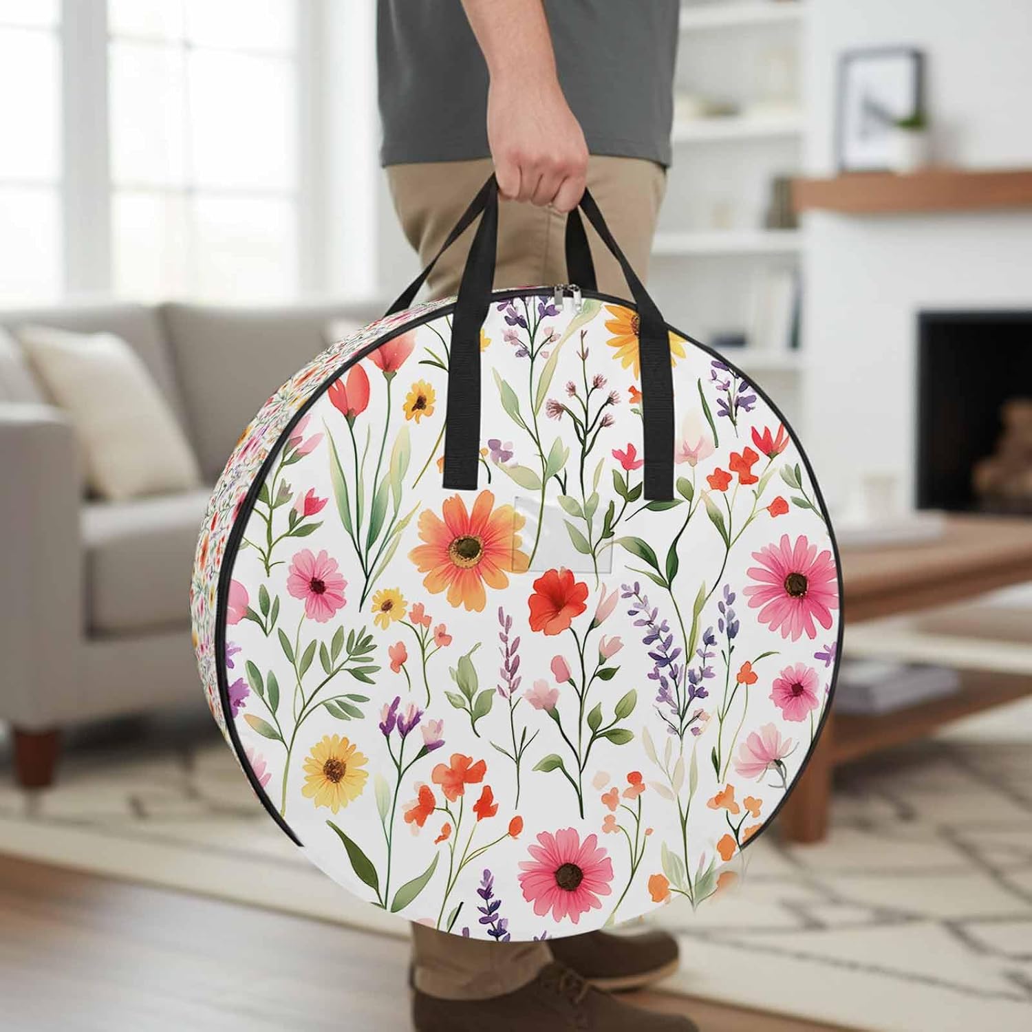 Spring Floral Round Storage Bag 36 Inch, Pink Yellow Wildflowers Watercolor Botanical Clothes Storage Container with Handles Heavy Duty Organizer for Comforter, Bedding & Holiday Wreaths
