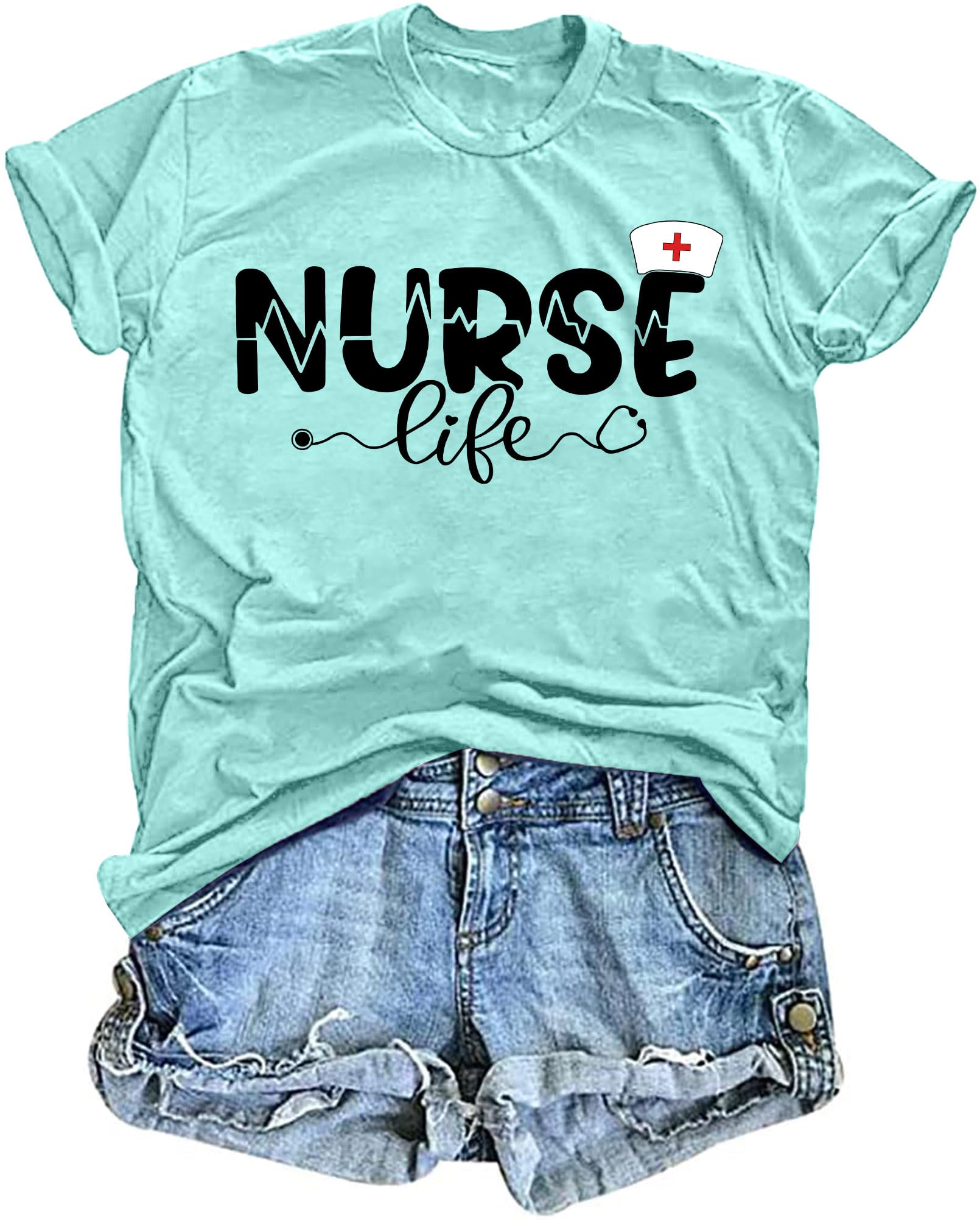 VVNTY Women's Nurse Life Graphic Tees Heart Nursing School T-Shirt Blue Medium