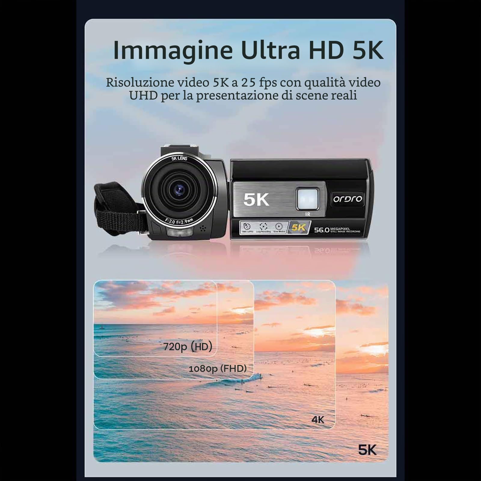 ORDRO HDR-AE20 5K Camcorder 56MP High Def Fotocamera Digitale Zoom 18X IR WiFi WDR Sensore CMOS 1/2.7" per Fotografia Fotocamera Vlogging