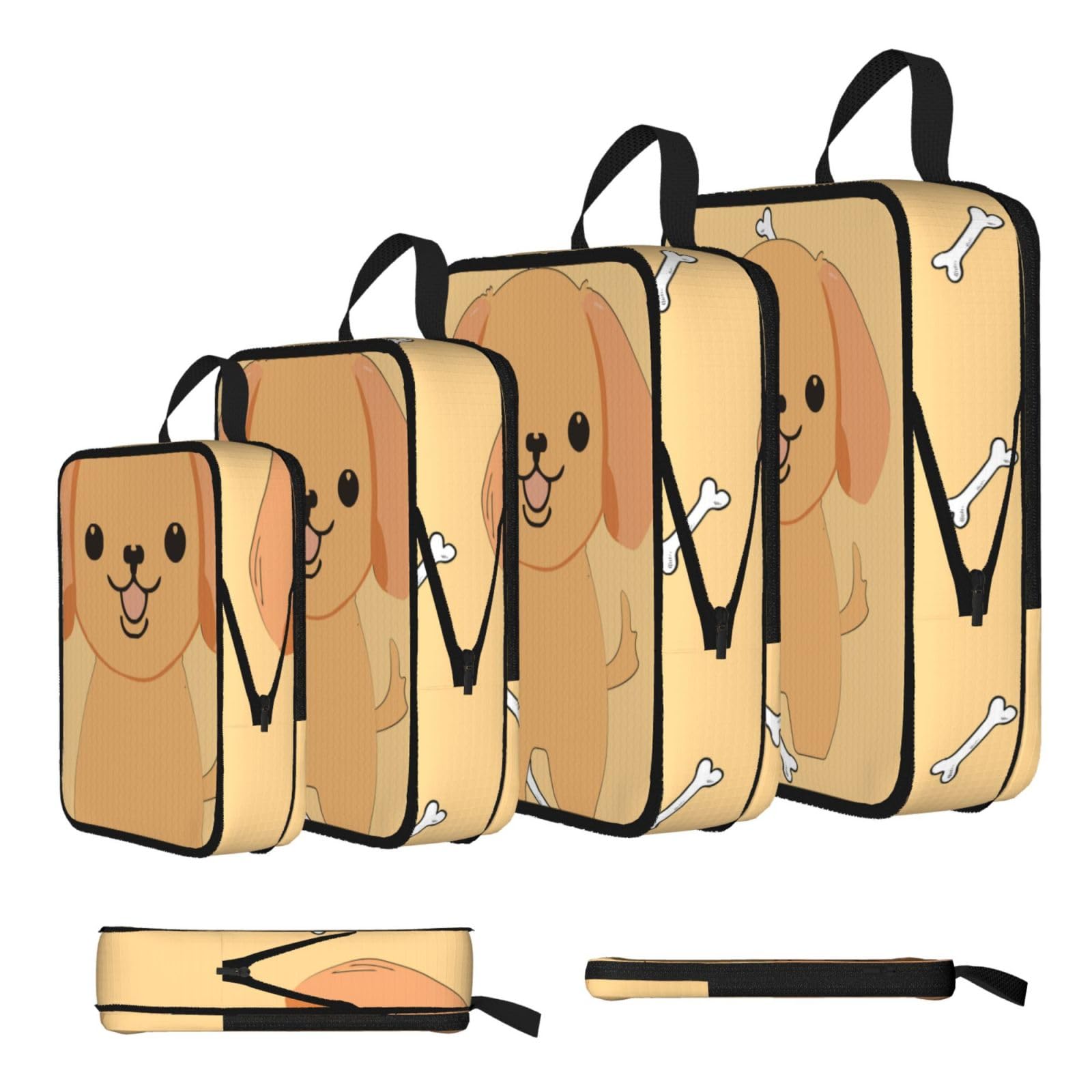 Sxzvvbn Black Cartoon Cute Puppy Compression Packing Cubes 4 Piece Set