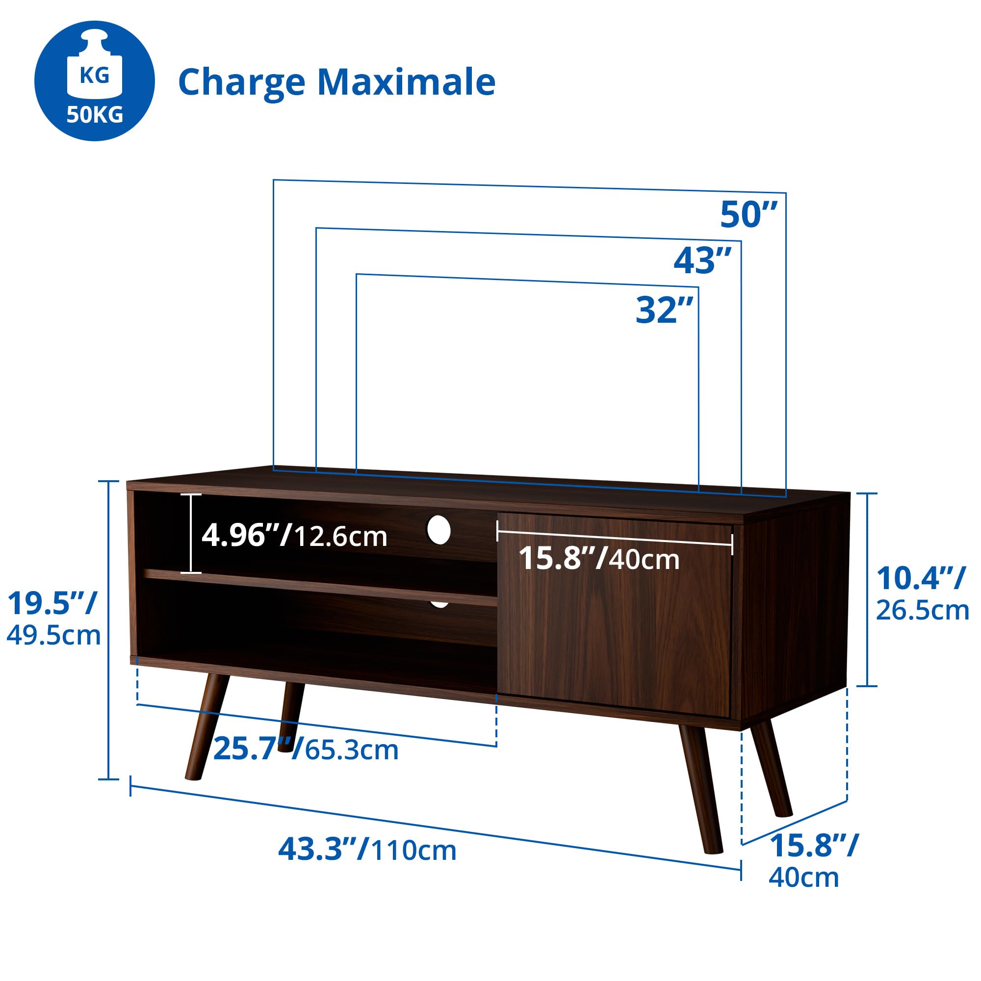 Mueble TV para hasta 50 Pulgadas, 40 x 110 x 49.5 cm, Mueble TV Salon con Puerta de 40 cm, Ajustable Estante Abierto, Centro de Entretenimiento Estilo Medieval, Dormitorio, Comedor (Marrón Oscuro)