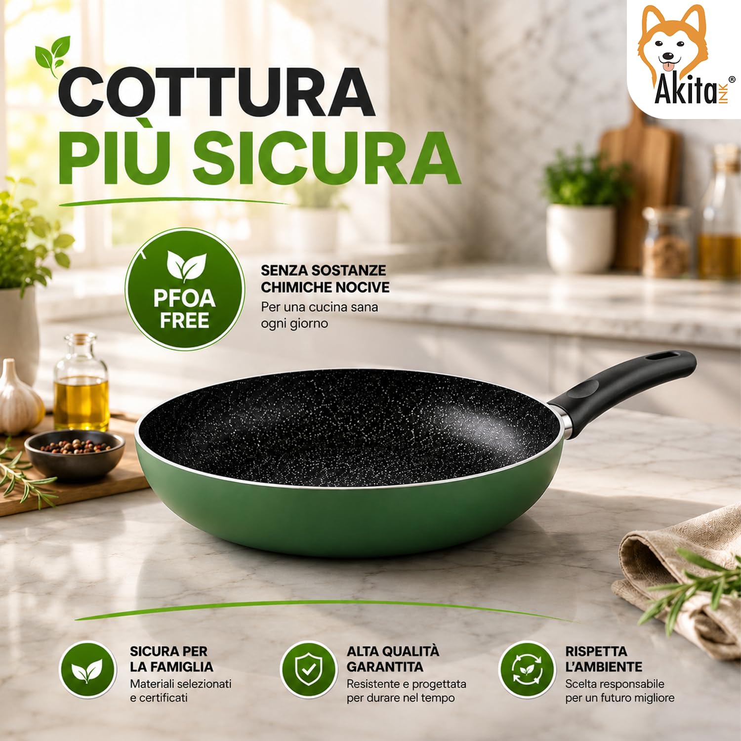 Akitaink Set 3 Padelle Antiaderenti Natura 20, 24 e 28 cm, Batterie di Padelle per Cucina Quotidiana, Resistenti e Pratiche