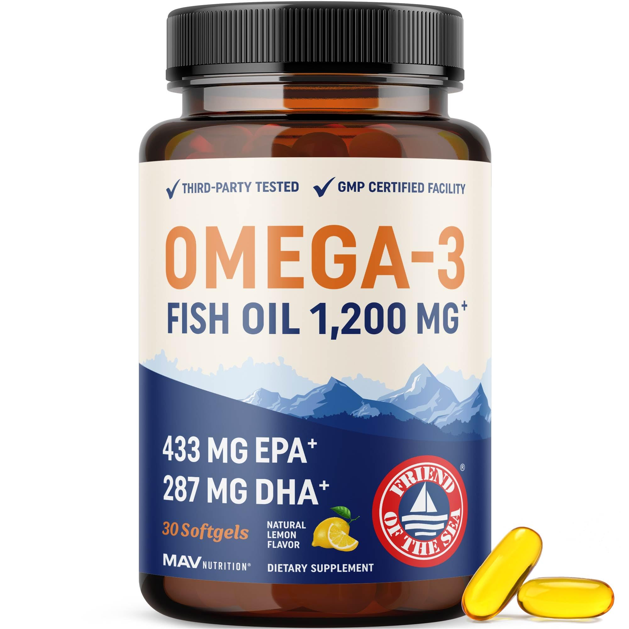 Triple Strength Omega 3 Fish Oil 1200 mg | EPA & DHA | Wild Caught, Sustainably Sourced Omega-3 Fatty Acids | Premium Burpless Omega3s | Best Essential Fatty Acids Softgel Supplements (30 Ct)