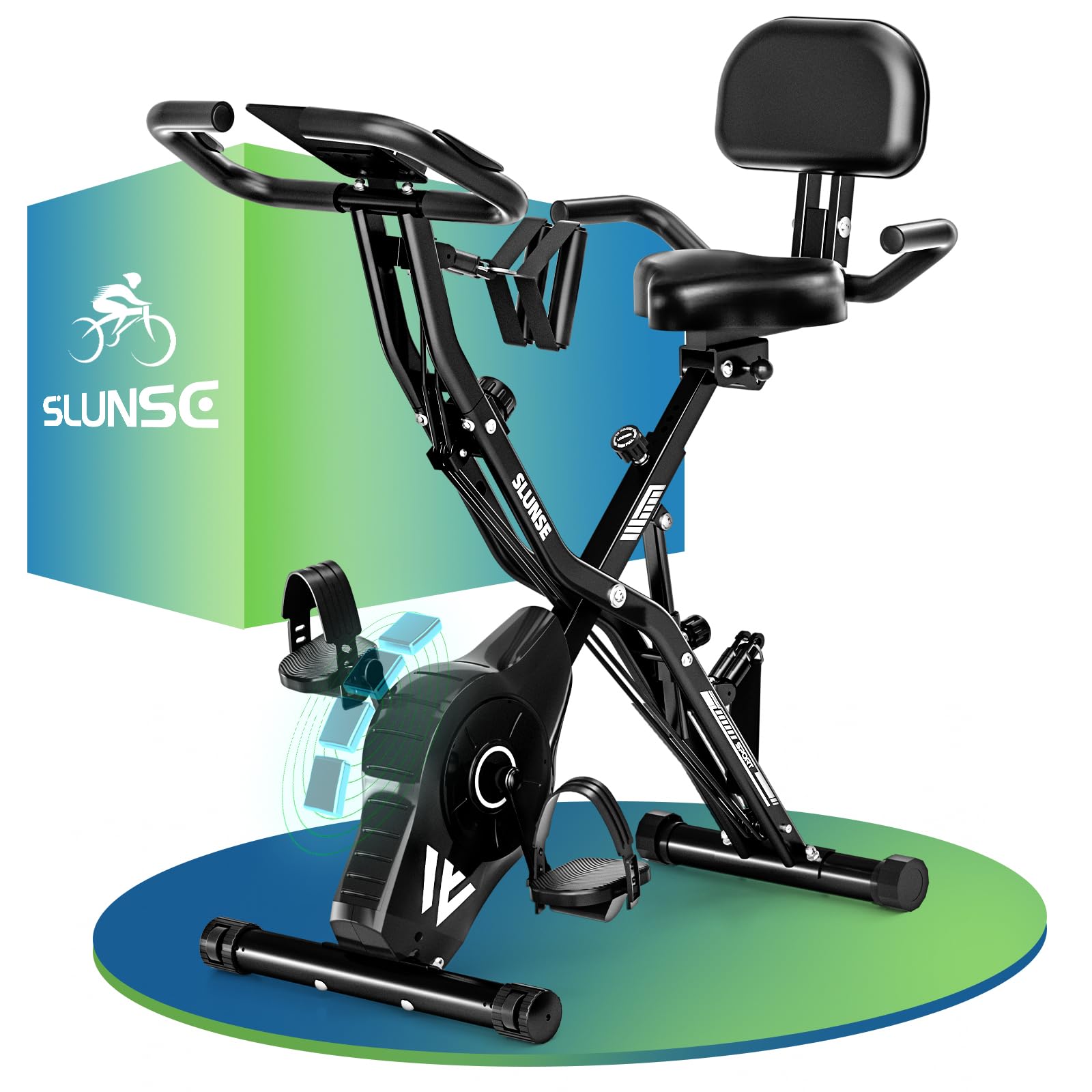 SLUNSE エアロバイク 家庭用 静音 フィットネスバイク 5機能 折りたたみ 16段階負荷調節 LCDモニター&タブレットトレイ付き コンパクト収納 組立簡単 耐荷重160kg 日本語説明書付き