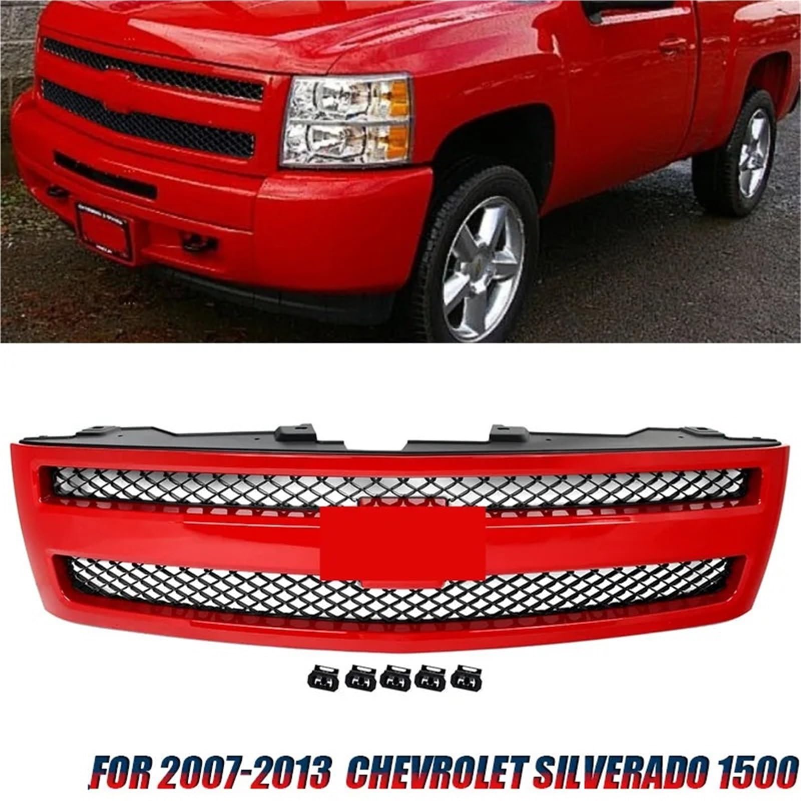 Osłona chłodnicy motocykla kratki samochodowej Zestaw przedniego grilla pasujący do Chevroleta Silverado 1500 z lat 2007-2013, górny grill zderzaka z siatki Victory Red Grill