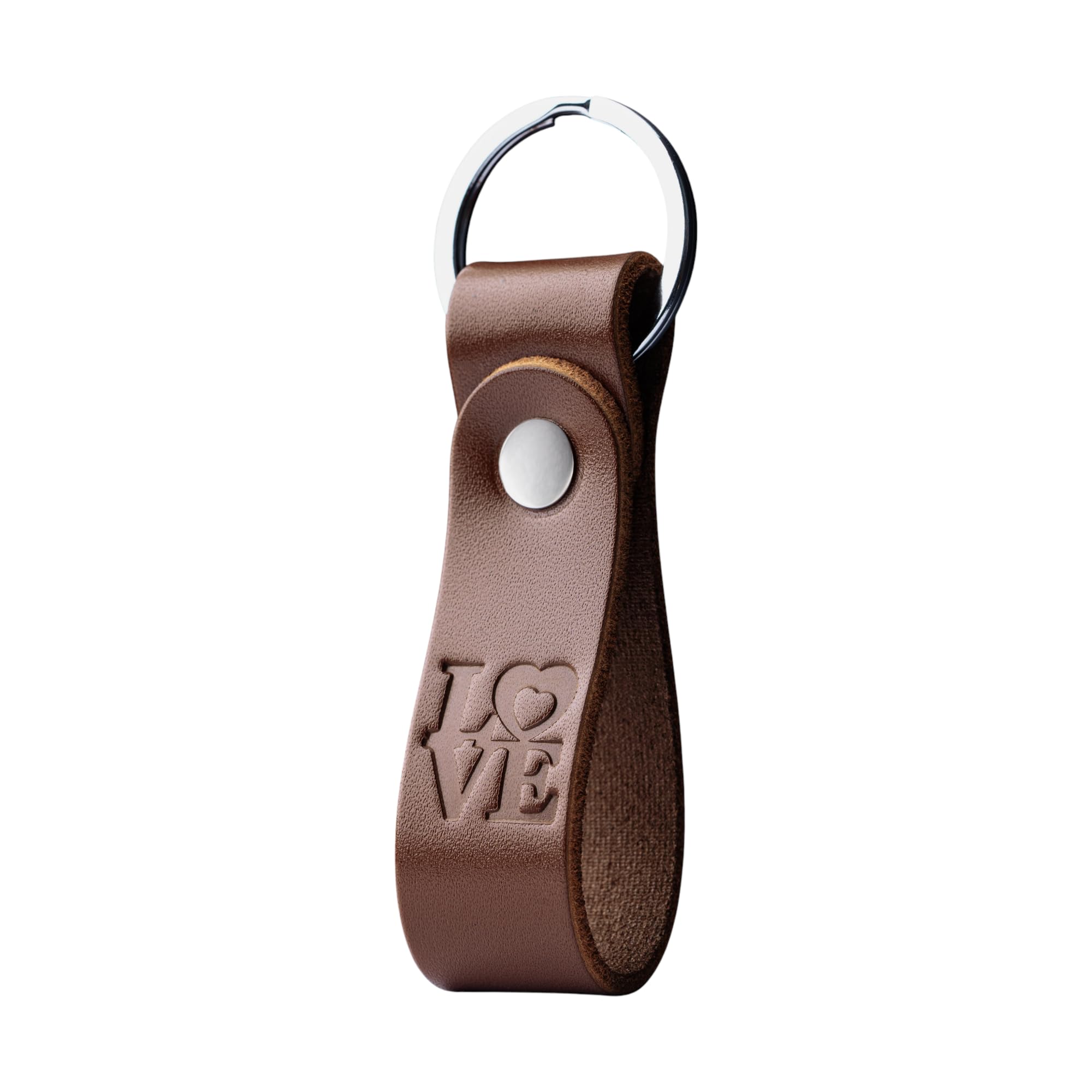 MAGOR Leather Keyring for Men & Women, Personalised Brown Keychain with Hot Embossed Design, Leather Key Ring Gift for Him Her Mum Dad, Premium Accessory for Car or Home Keys (LOVE)