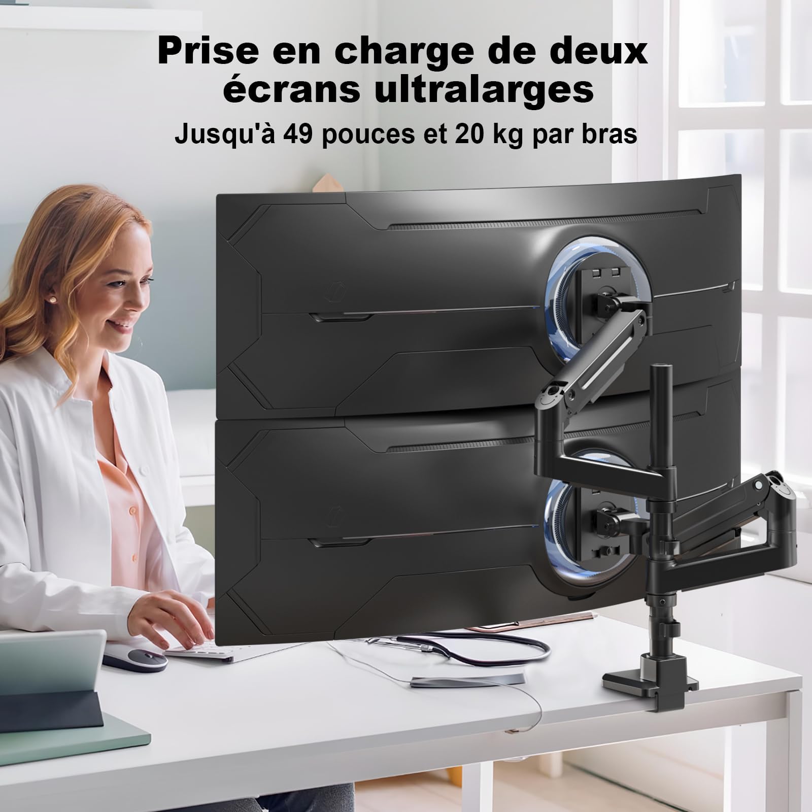 PUTORSEN Support Ecran pour 2 Moniteurs de 17 à 49 Pouces - Jusqu'à 20 kg par Bras, Fixation de Bureau Extra-Longue réglable en Hauteur et pivotante pour Une ergonomie optimale, VESA 75/100 mm