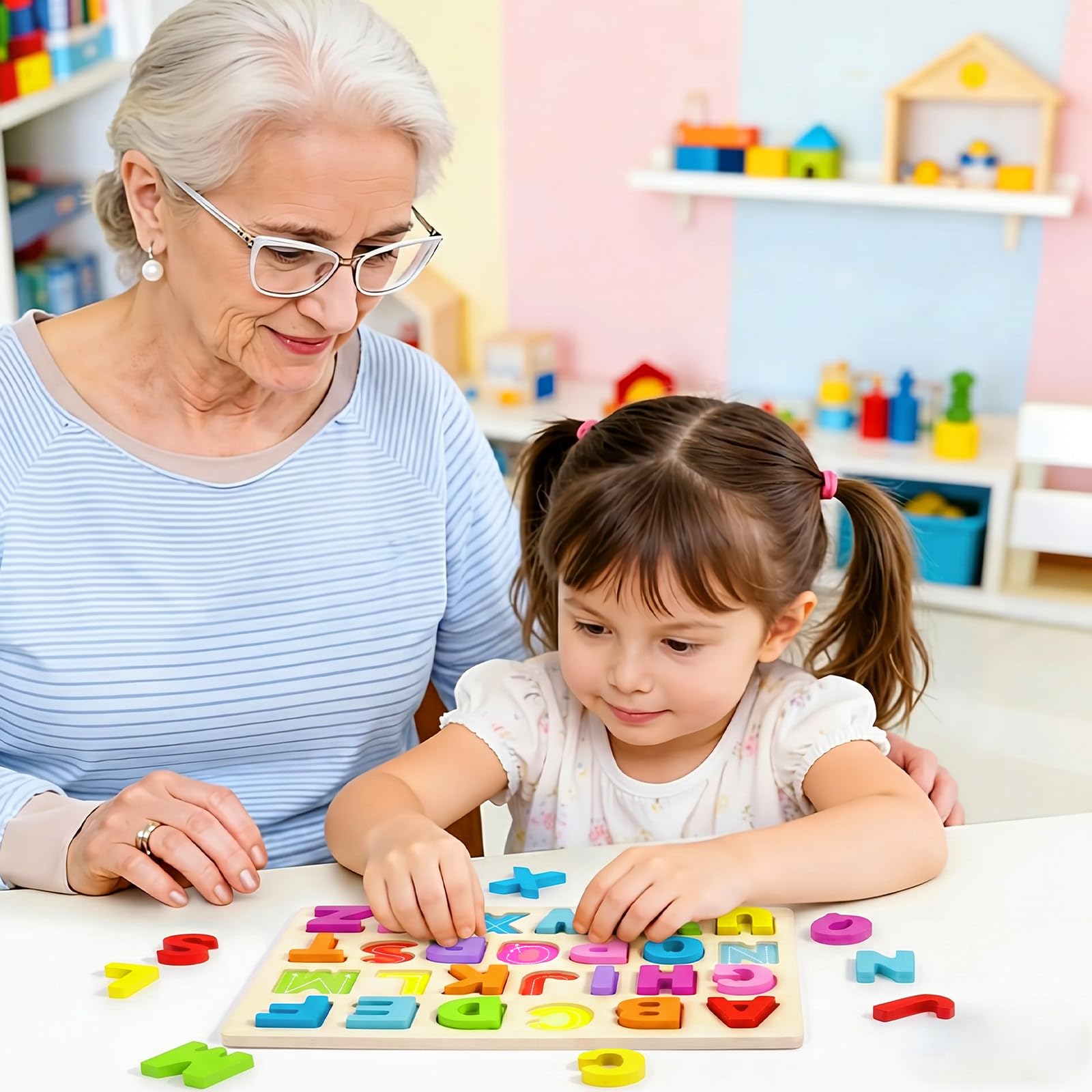 MegiaExist Puzzle Wooden Puzzles for Toddlers 1 2 3 4 5 Year Old, ABC Puzzle Shape Alphabet Learning Puzzles Toys with Puzzle Board & Letter Blocks, Preschool Educational for Girls Boys