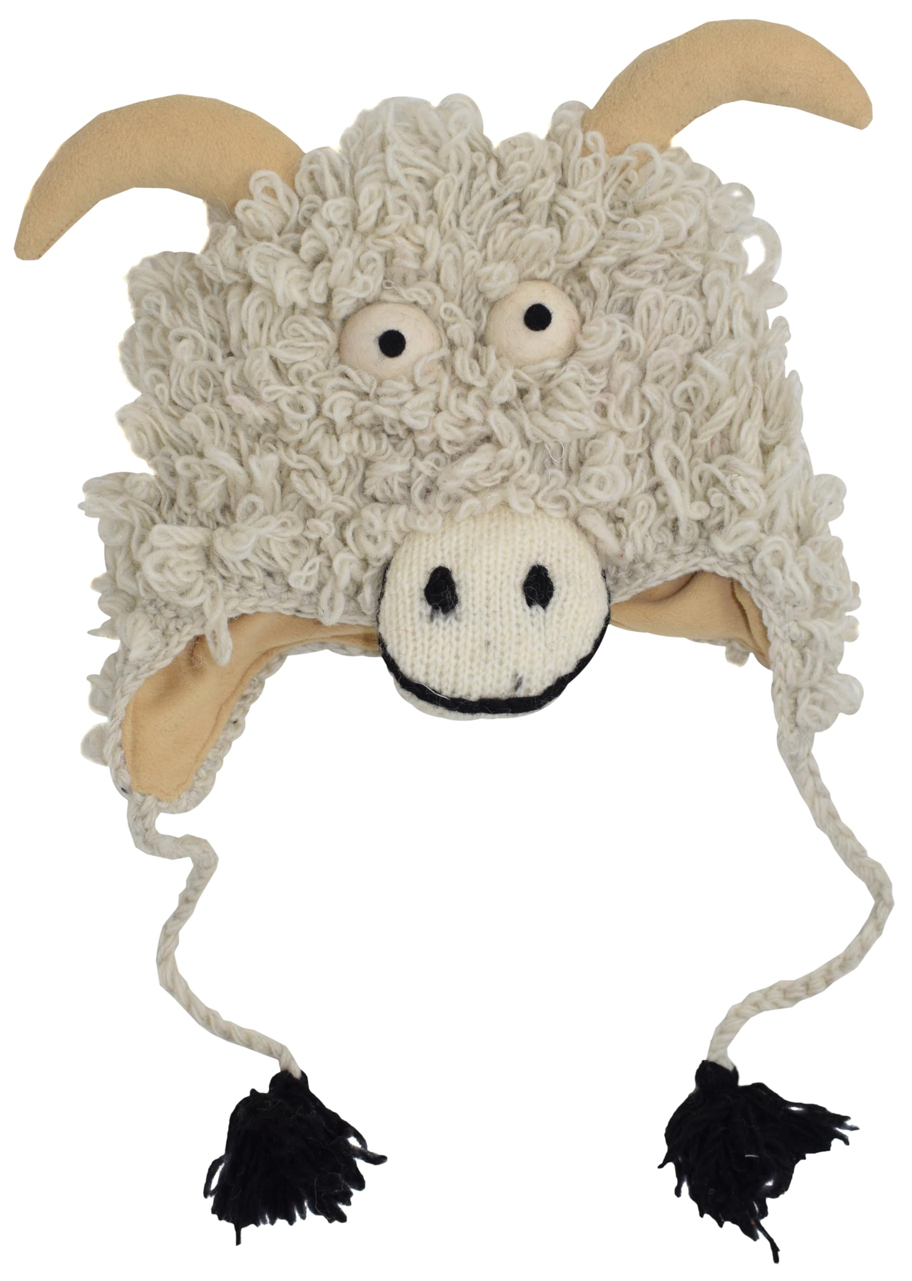 Woollen Handknitted Fleece Lined Trapper Farm Animal Hat Goat
