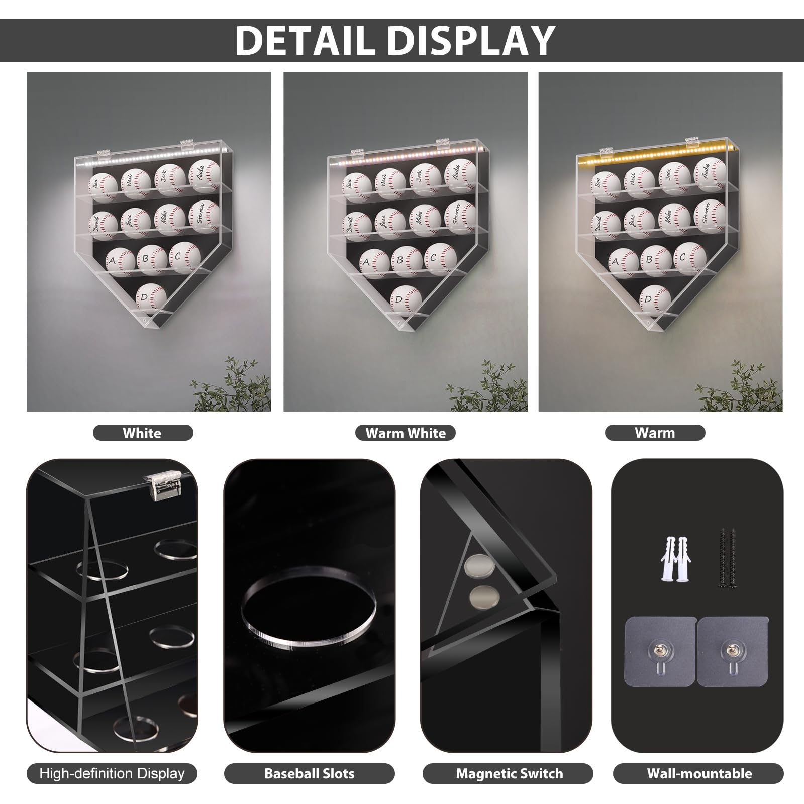 Vitrina acrílica para béisbol, caja de sombra montada en la pared para béisbol, pickleball, tenis, soporte extraíble, caja de exhibición de autógrafos de recuerdos para 12 bolas (negro)