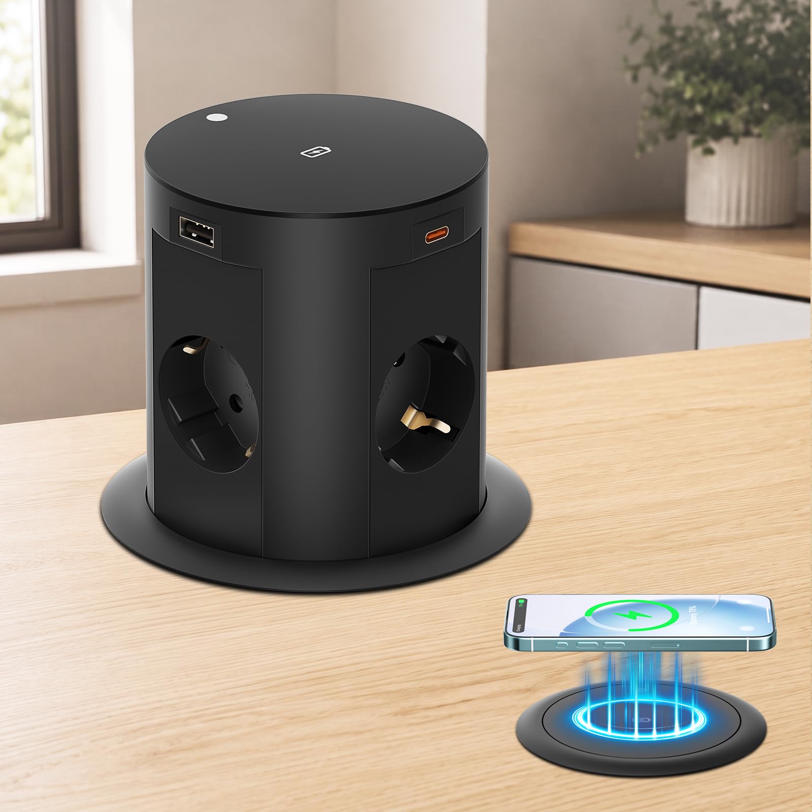Versenkbare Steckdose mit 2X USB-C bis 65 W, 4-Fach, 15 W Qi-Laden