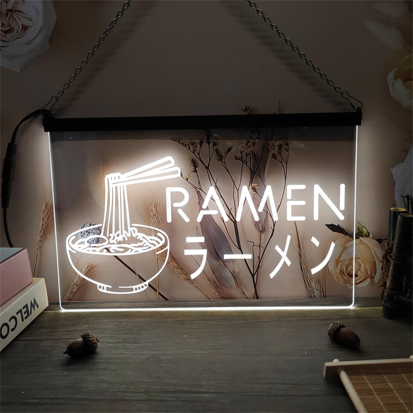 Zayeksole Ramen Neon Sign for Wall Decor, USB Dimmable LED Neon Light Up Sign for Japanese Ramen Restaurant Windows Wall Decoration,White,30x20cm