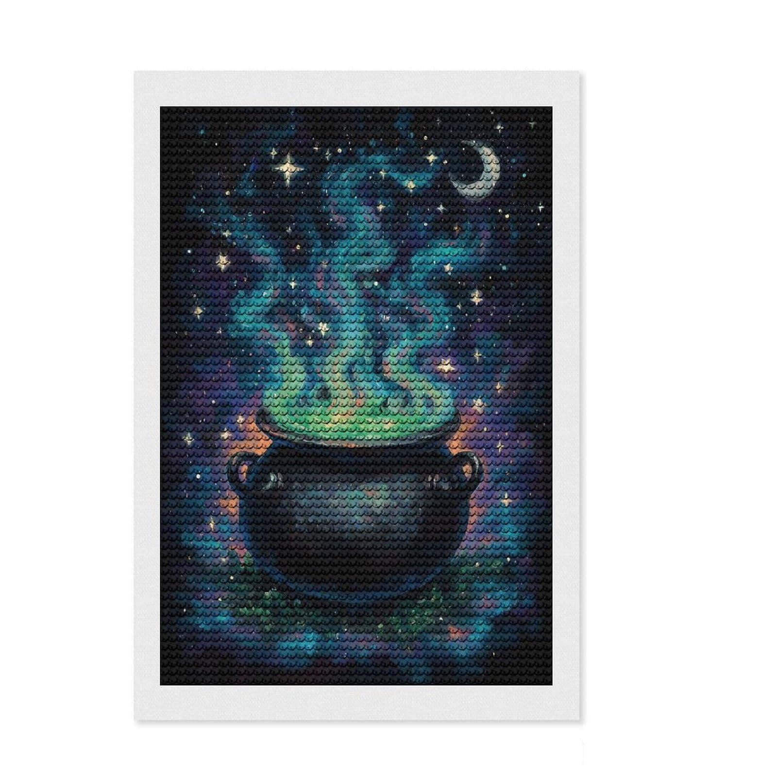 Junmoney Witchs Cauldron Under A Starry Sky Crystal Diamond Art Kit 8"x12", Festive Craft Gift, Aesthetic Room Decor, with Tool Kit, Creative Gift Idea