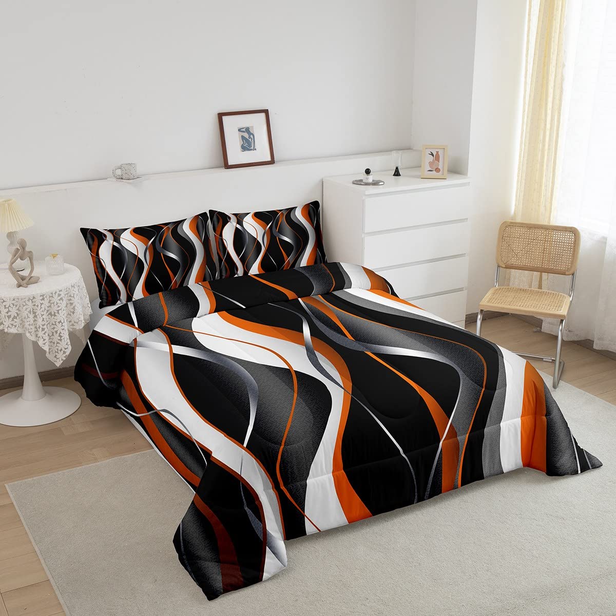 Feelyou Orange Grey Black Comforter Set Geometric Spiral Pattern Duvet Set for Boys Girls Modern Luxury Inner Fill Bedding Set Abstract Art Comforter 1 Comforter Set with 2 Pillowcases King Size