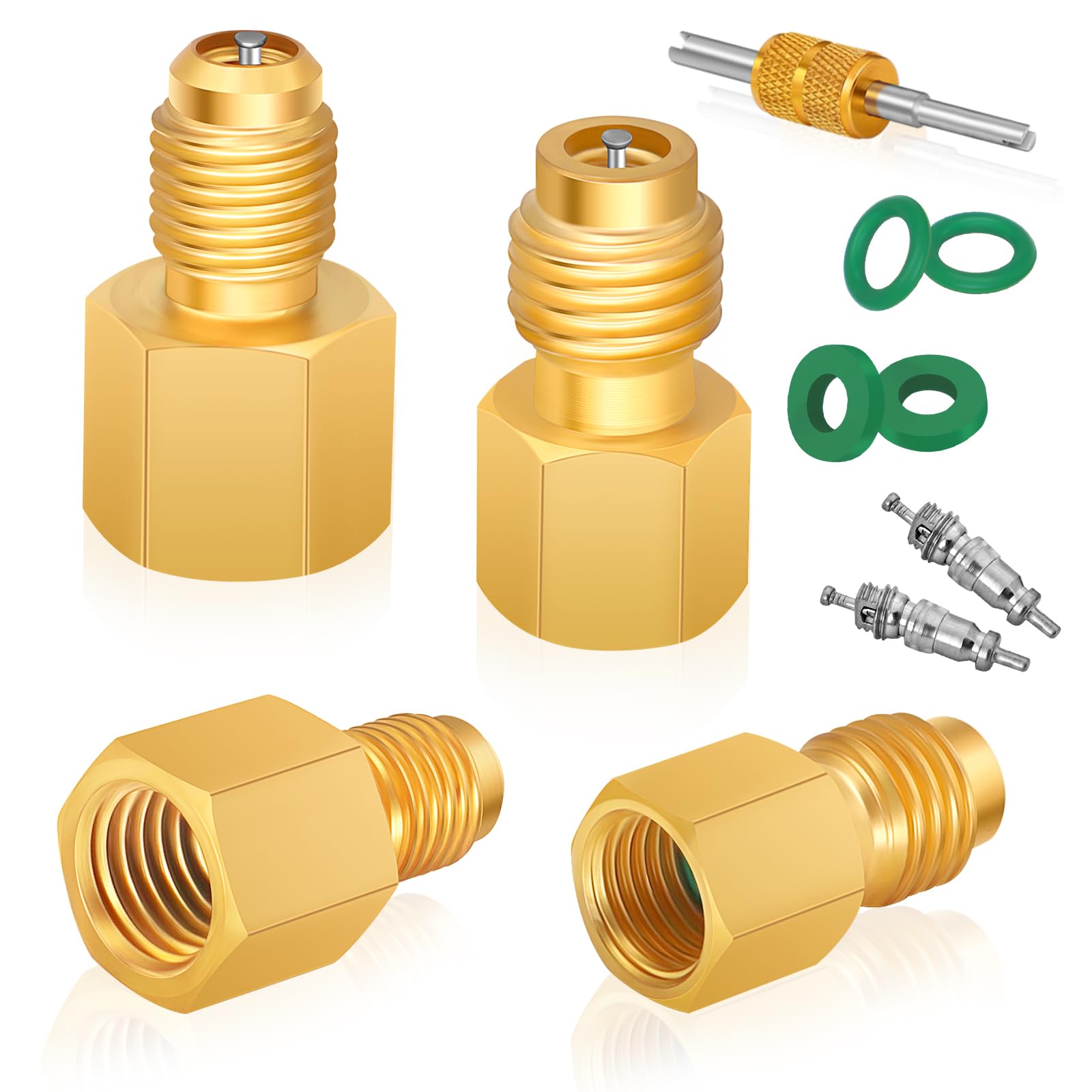 Boltigen R134a Refrigerant Tank Adapters, R12 R22 to R134a Adapter Connector, 1/2 to 1/4 Flare R134a Vacuum Pump Adapter Fittings with Valve Core Remover
