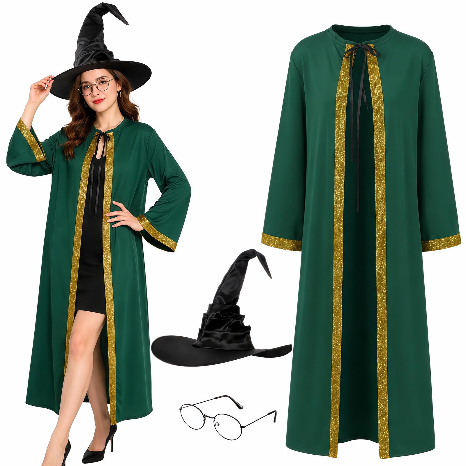 Boyigog Wizard Professor Costume Mc Magic Witch Cape Costume 3Pcs with Cloak, Hat and Glasses Women Witch Fancy Dress Outfit for Halloween Cosplay Party Outfit