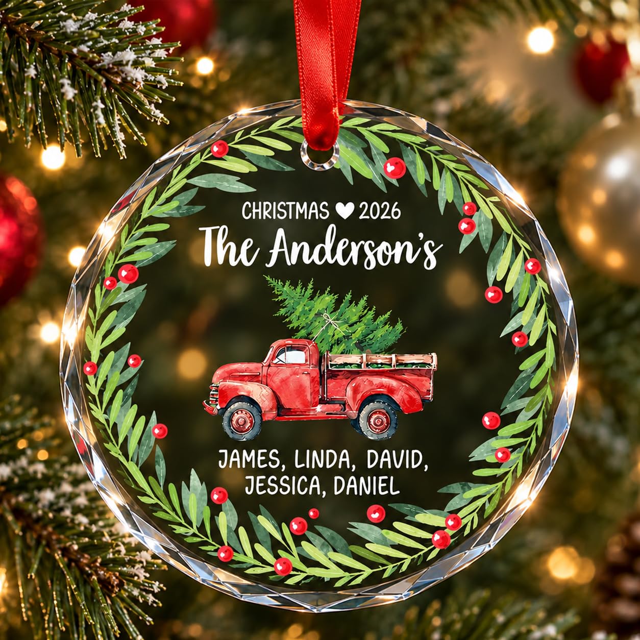 Personalized Christmas Red Truck Crystal Ornament - Custom Member Name Ornament, New Family, First Christmas As Family of Three Four Five, Parents Hanging Ornaments Keepsake