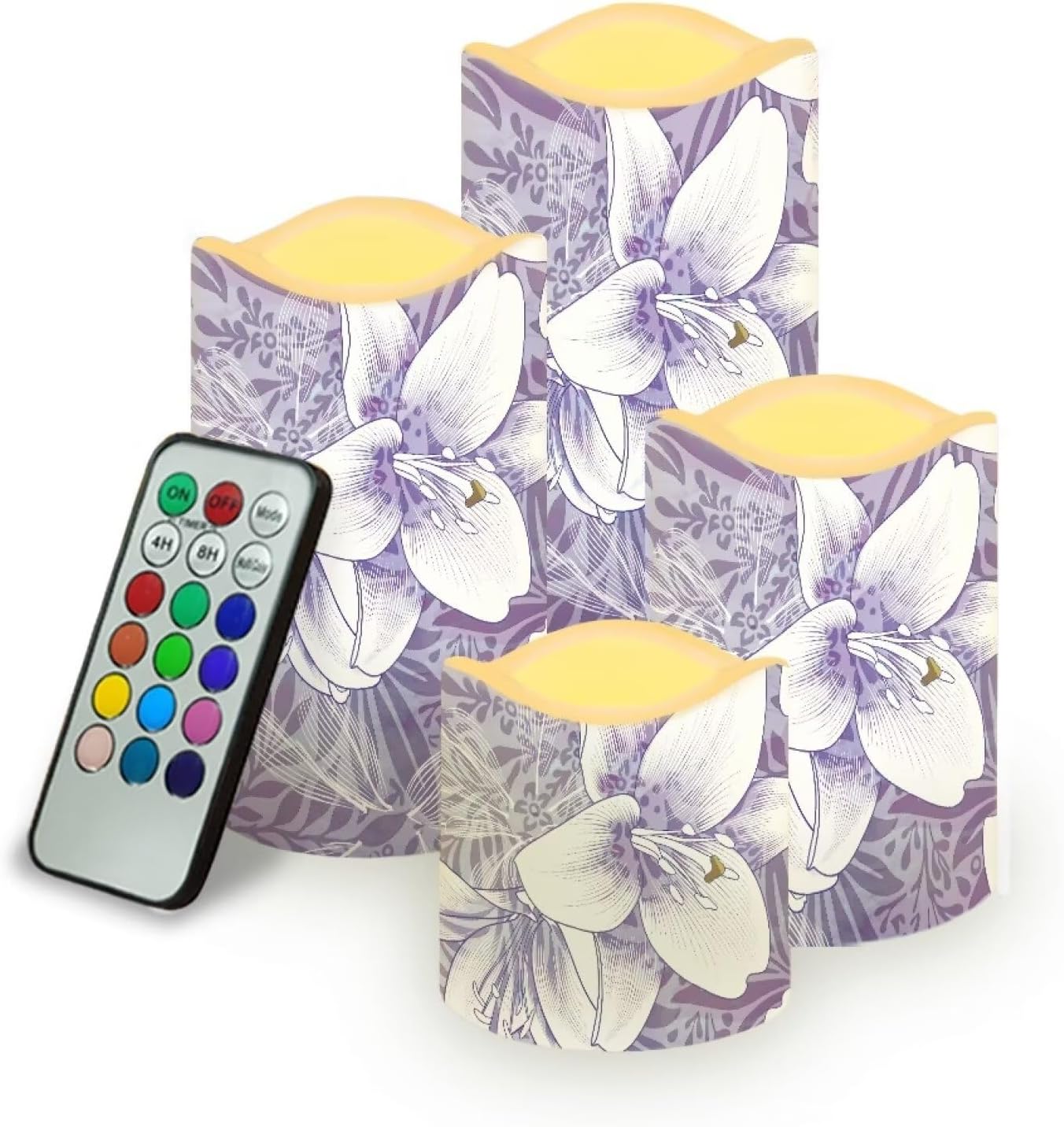 Ystardream Purple Flower Flameless LED Battery Candles Pack of 4 Waterproof Pillar Candles Tealights with 18-Key Timer Remote Colorful Lights for Outdoor Home Decorations