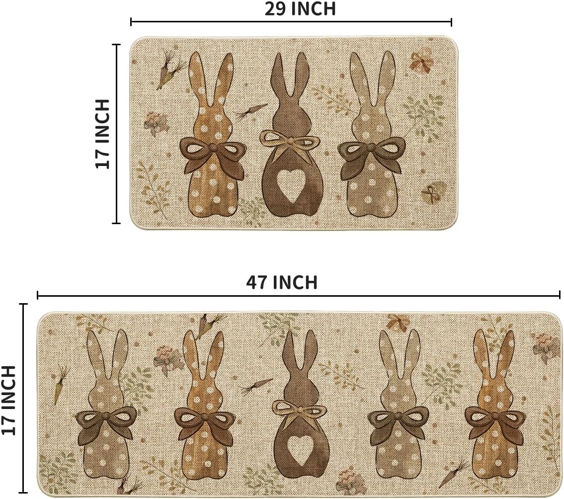 Artoid Mode Wood Carrots Rabbit Bunny Easter Kitchen Mats Set of 2, Spring Home Decor Low-Profile Kitchen Rugs for Floor - 17x29 and 17x47 Inch