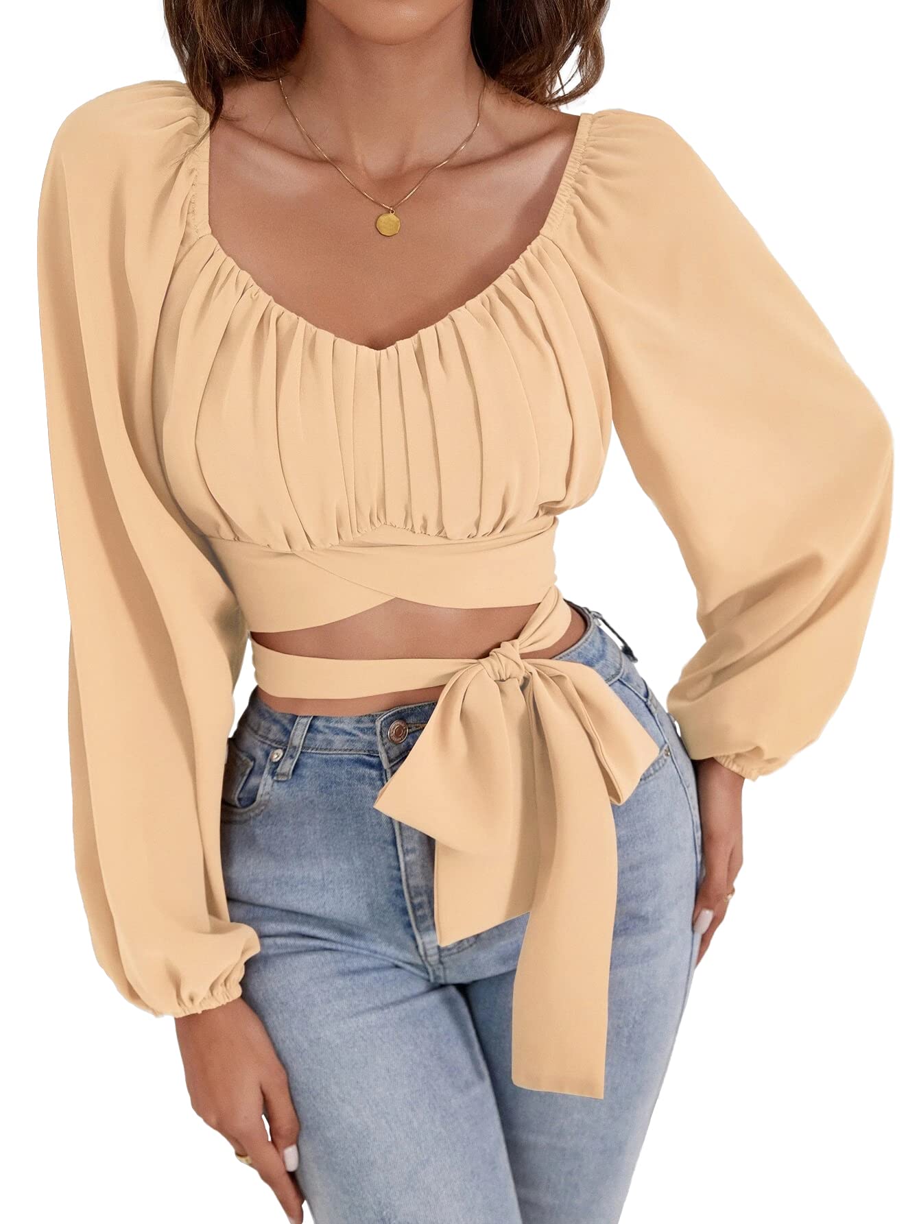 Photo 1 of FMEYOA Women's Long Sleeve Top Blouse (Apricot, Large)