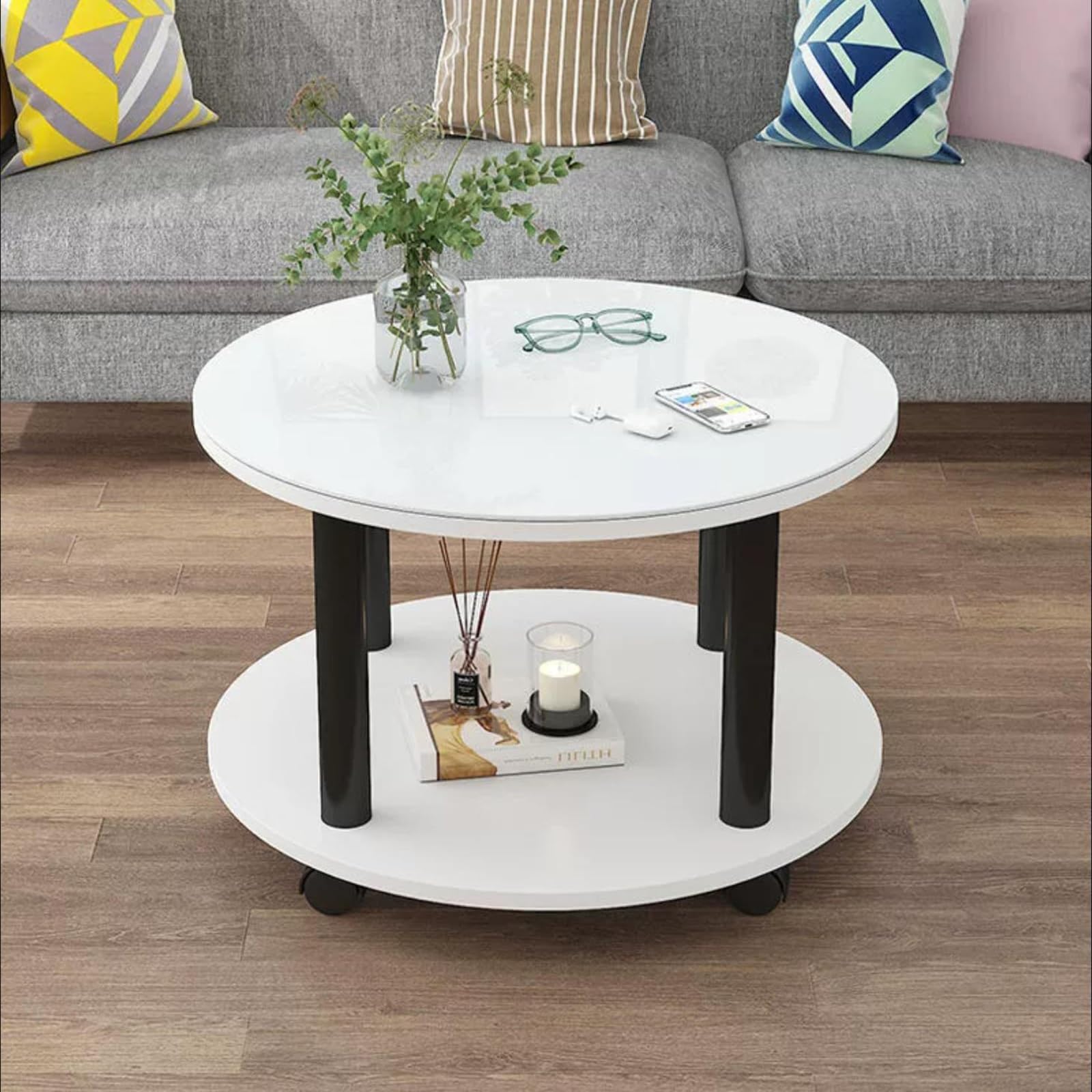 Table basse ronde avec rangement et roulettes blanc pour salon
