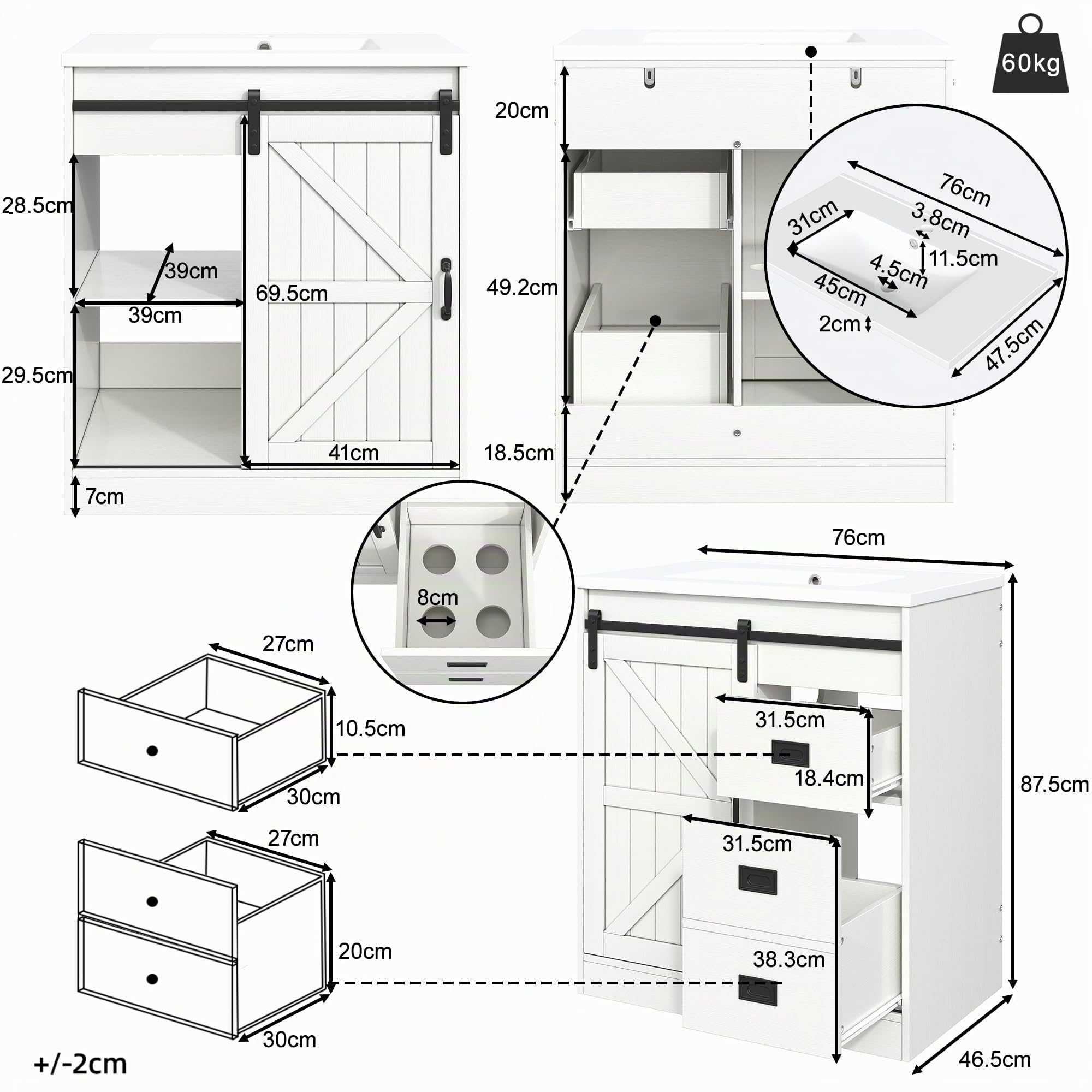 Mueble Baño con Puerta, Mueble de Baño, Lavabo con Mueble con Estante Ajustable, Armario Bajo Lavabo, Mueble de Almacenaje con Compartimentos para Cocina, Cierre Suave, 87,5x76x46,5 cm (Blanco