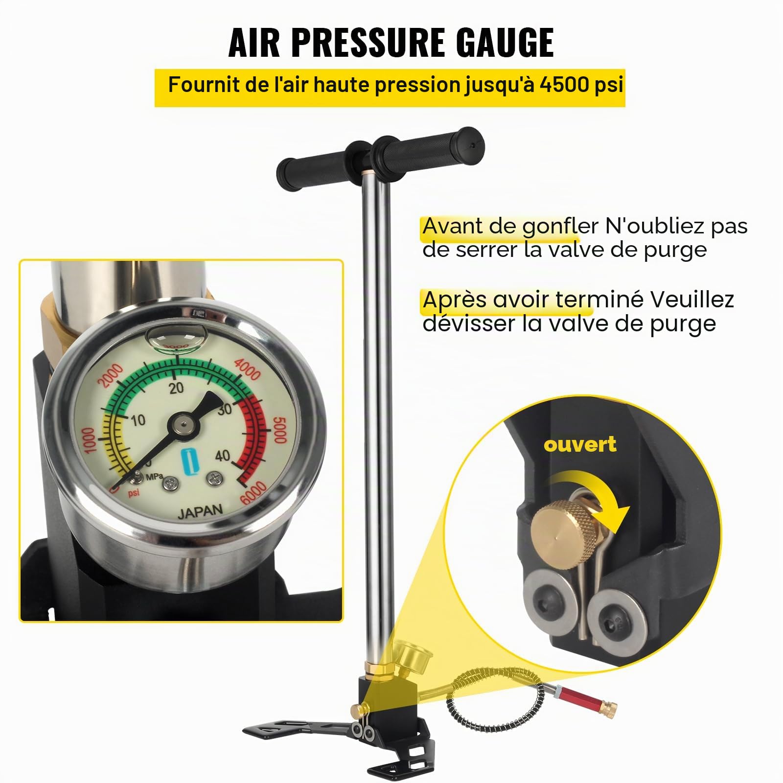 VEVOR Pompe de Remplissage de gaz d'air 4500 PSI Pompe à étrier de Charge PCP à 3 Niveaux Pompe à air PCP Haute Pression pour Cylindre de Propulsion d'air et Cylindre PCP, pour Sports de Plein air et