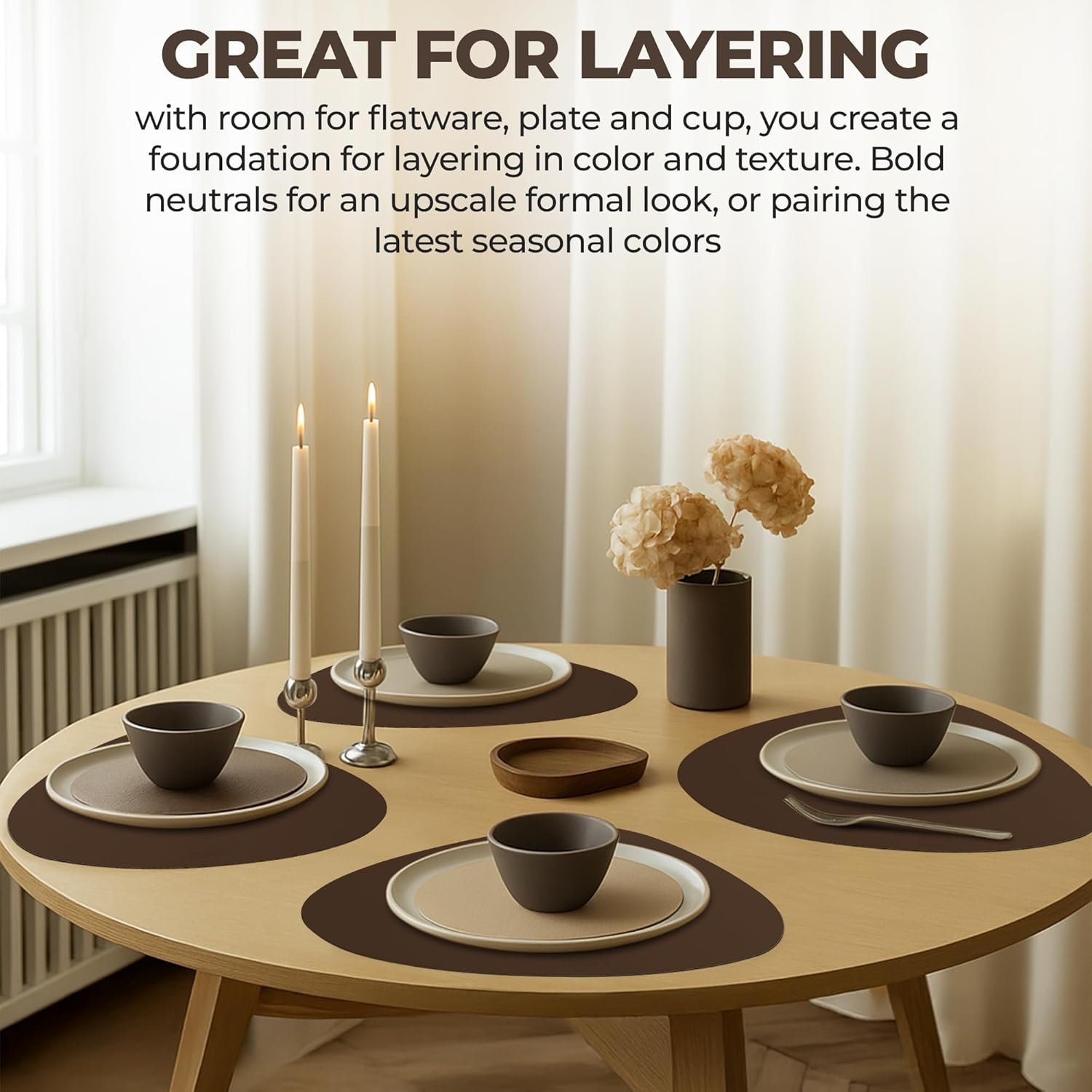 Faux Leather Placemats and Coasters - Set of 4 Round Modern Brown Table Mats for Dining - Heat Resistant, Waterproof & Non Slip Place mat for Indoor & Outdoor - Wipeable for Easy Care (Brown)