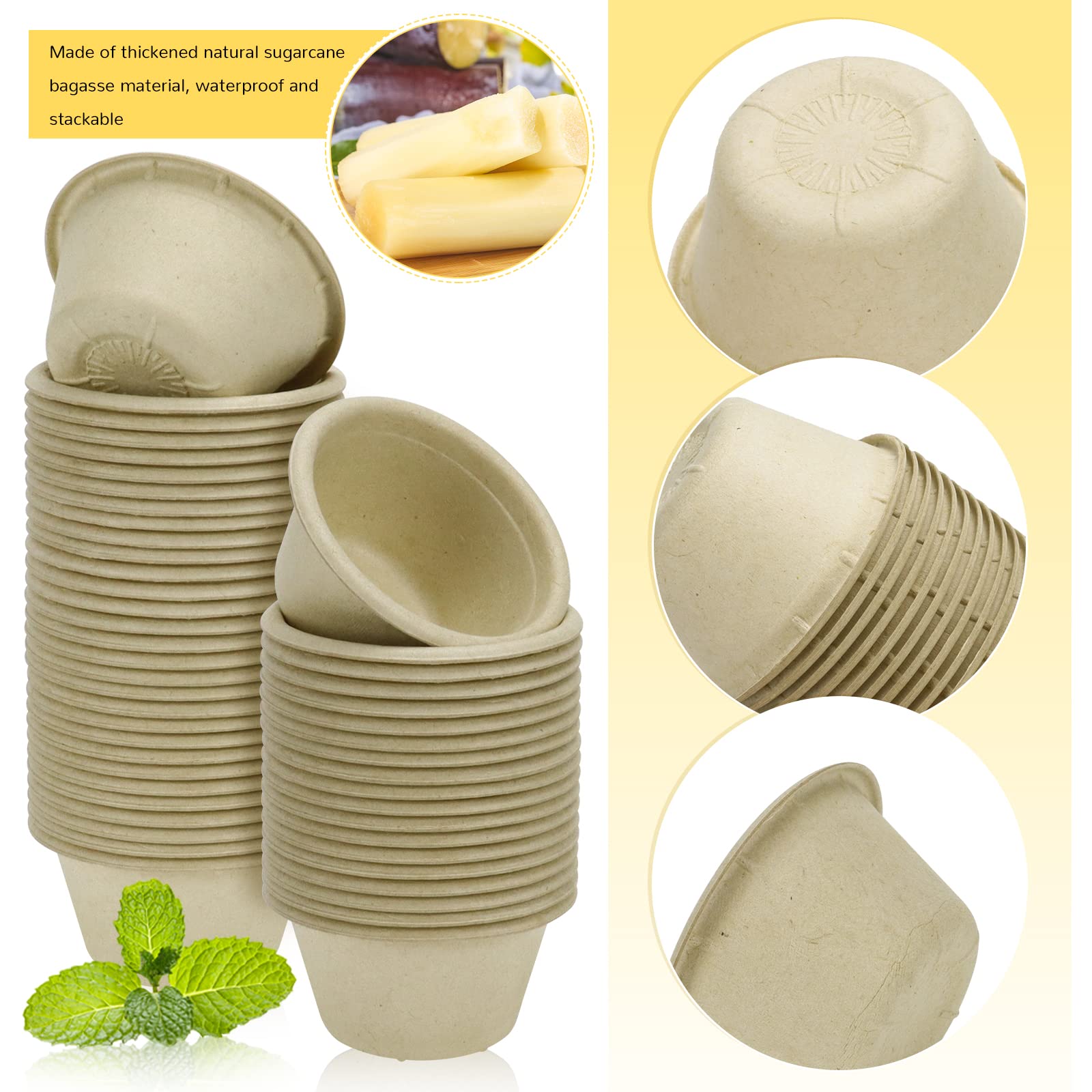 LeonBach Paquete de 200 tazas de salsa de fibra de bagazo natural de 2 onzas, condimentos de papel, muestras de aperitivos, recipientes de alimentos, taza de inmersión pequeña