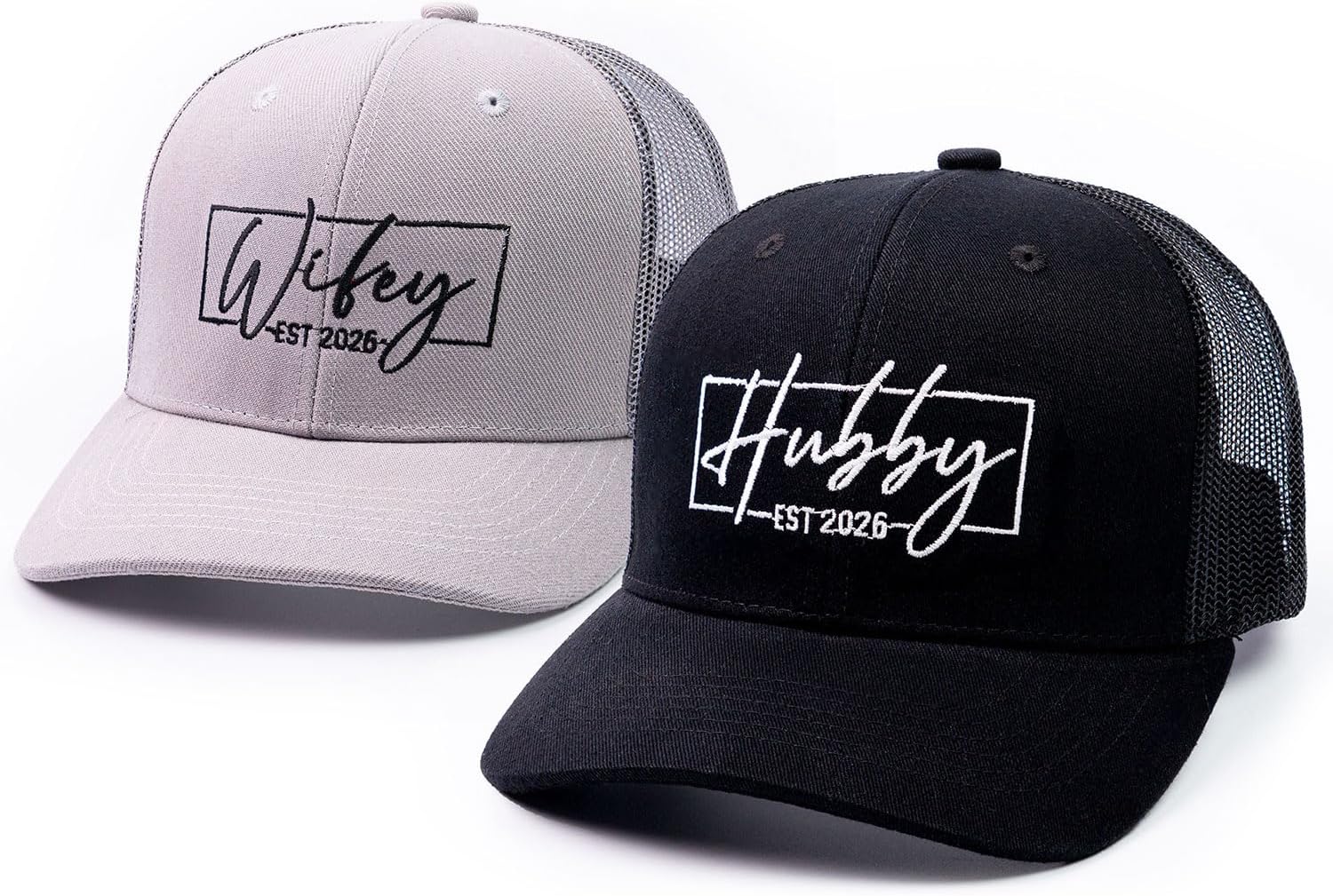 68LDROOTER Hubby & Wifey EST 2026 Trucker Hat Set – Matching Hats for Couples, Bridal Shower Gifts, Wedding Keepsakes, Newlywed for Him & Her
