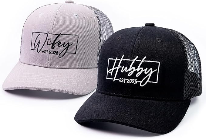 68LDROOTER Hubby & Wifey EST 2026 Trucker Hat Set – Matching Hats for Couples, Bridal Shower Gifts, Wedding Keepsakes, Newlywed for Him & Her at Amazo