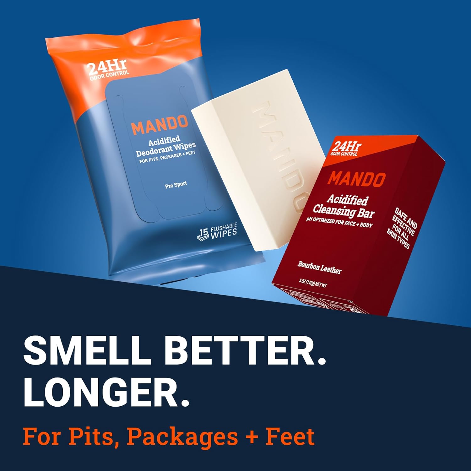 Mando Whole Body Starter Kit - 2.6oz Solid Stick, 3.6oz Spray, 1.5oz Acidified Body Wash, 5oz Acidified Cleansing Bar, 15ct Deodorant Wipes - Aluminum Free Odor Control - 5 pc Bundle (Bourbon Leather) - Image 6