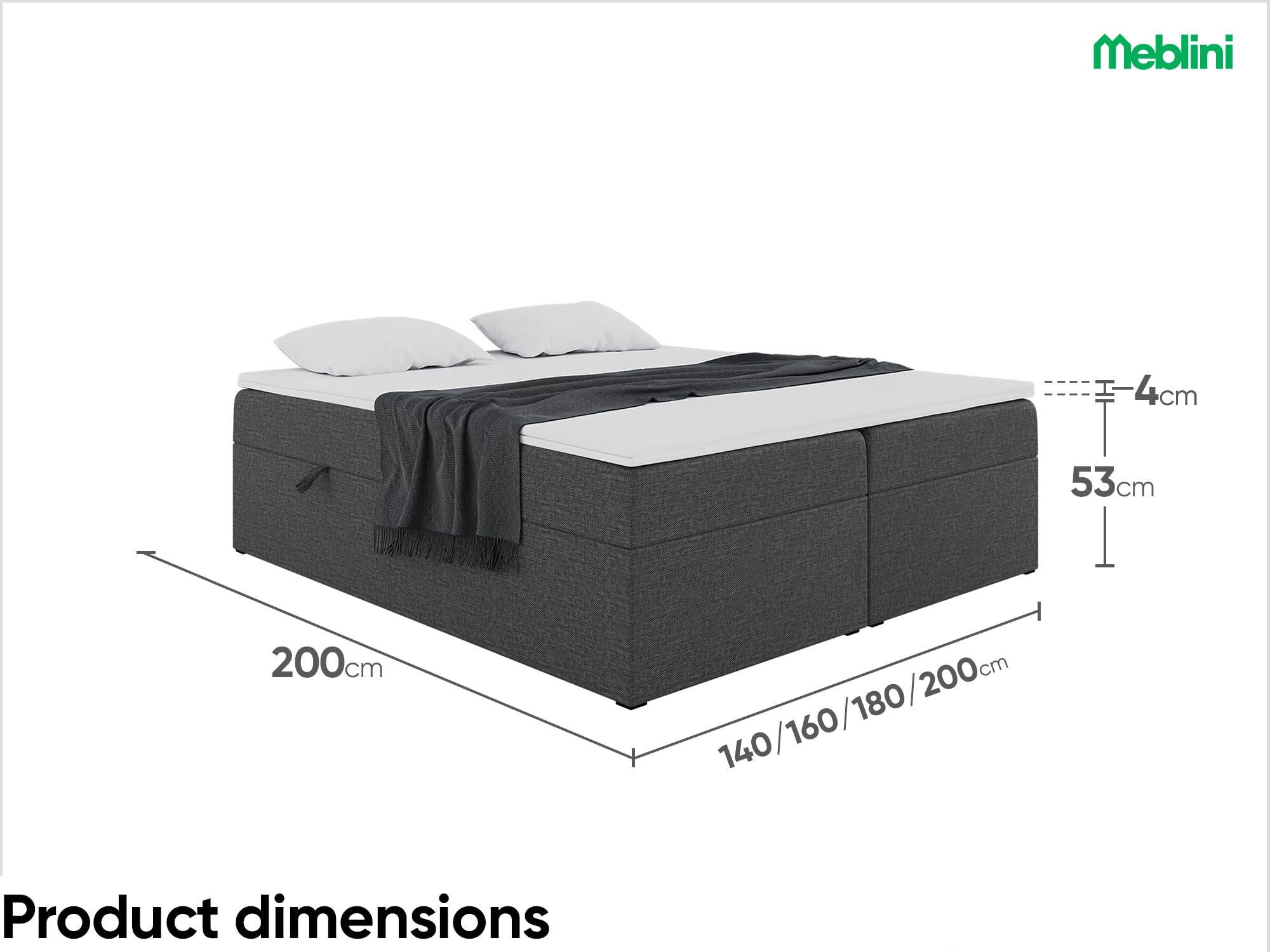 MEBLINI Boxspringbett mit Bettkasten - 200x200 - Gepolstert Doppelbett mit Matratze und Topper - Polsterbett mit Stauraum - Bett ohne Kopfteil - Stauraumbett - Lionel - H3/Dunkelgrau Webstoff