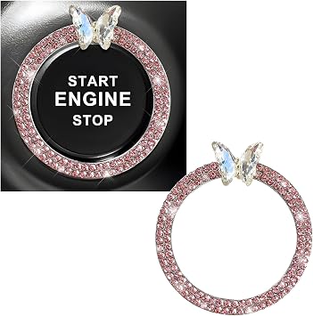 Bling Ring Emblem Car Accessories, Sparkling Rhinestone Butterfly Push to Start Button Cover, Diamond Engine Start Stop Decoration Key Ignition Ring for Women Girls Pink