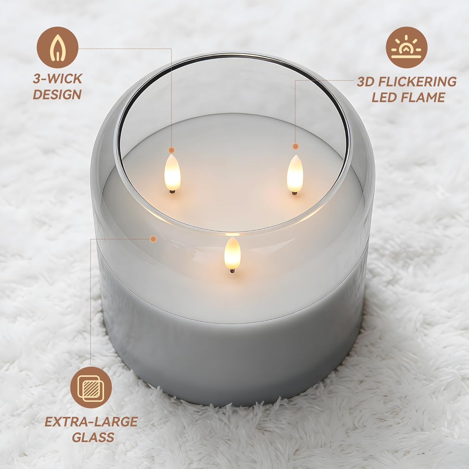 3 Wick Glass Flameless Candle with Remote and Timer, 6"x6" Extra Large Real Wax LED Pillar Candle Battery Operated with 3D Flickering Flame for Festival Wedding Home Party Decor (Gray)