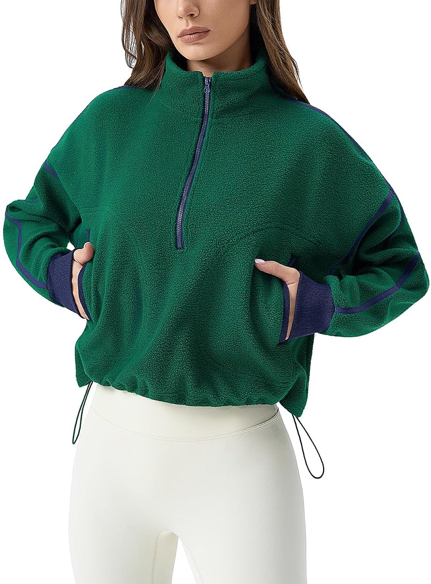 Women's Half Zip Fleece Short Pullover Sweatshirt Winter Long Sleeve Cozy Sherpa Sweater Top